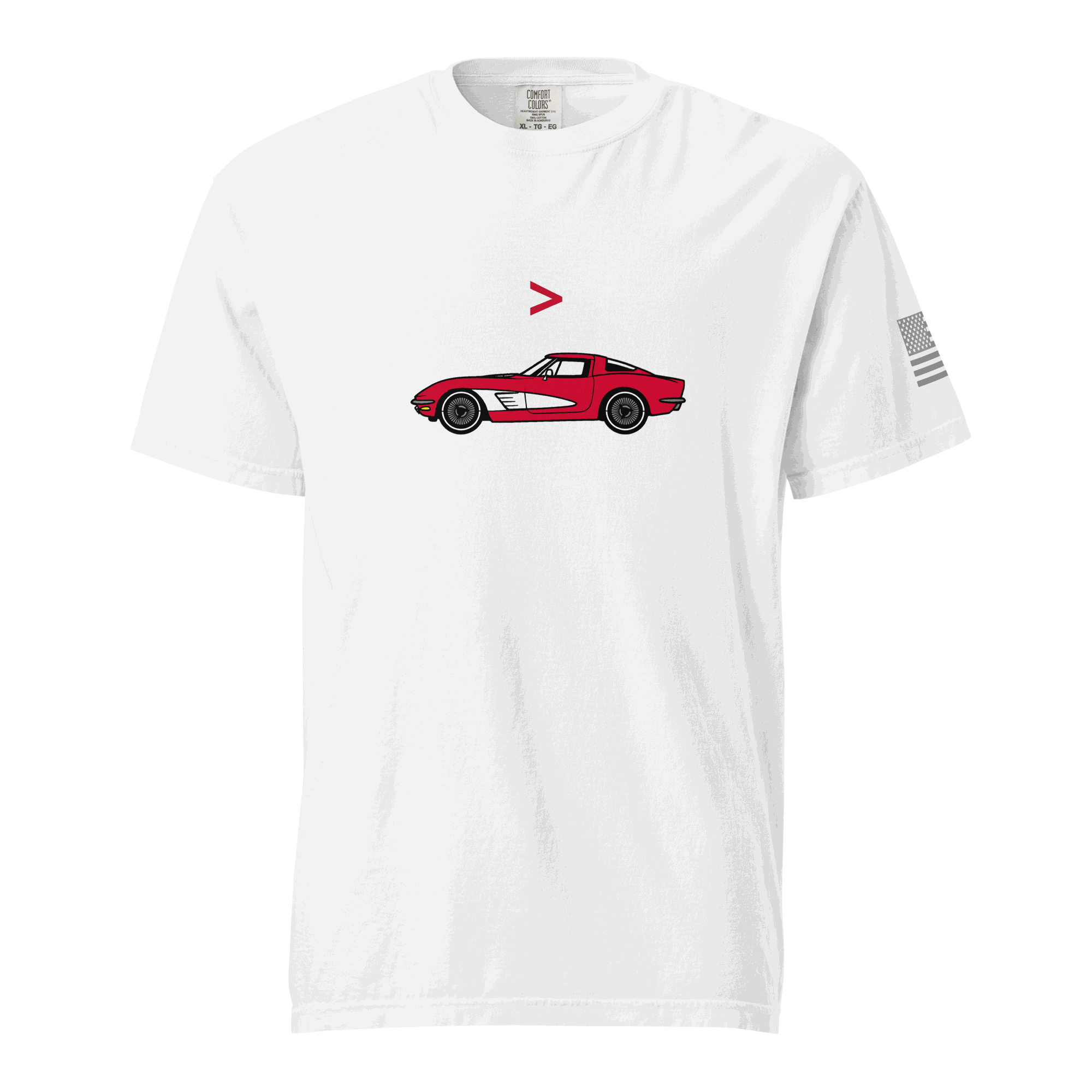 Funny car lover t-shirt with red classic car graphic and driving slogan on white fabric