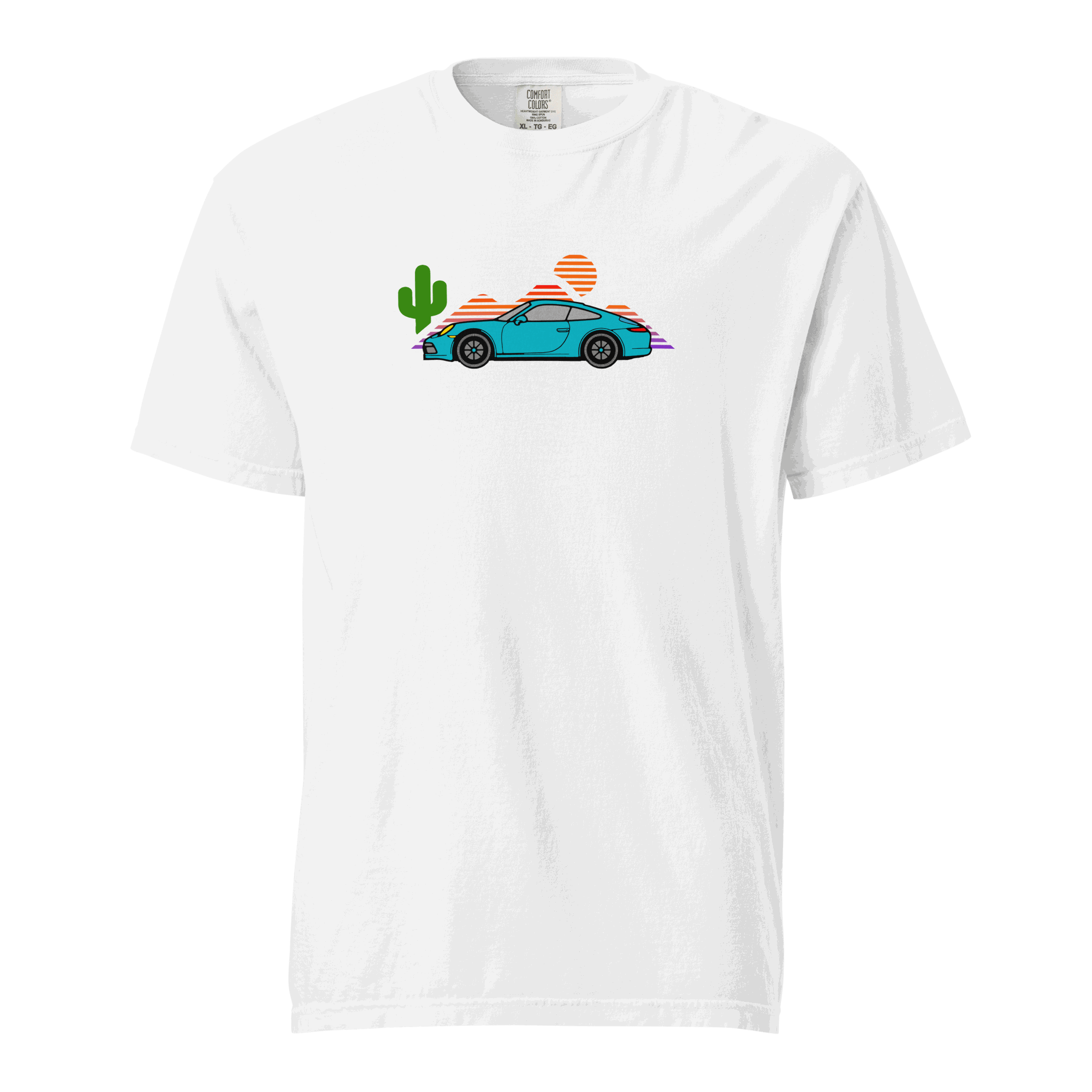 Sports car sunset graphic on soft, durable t-shirt with relaxed fit and sunset hues