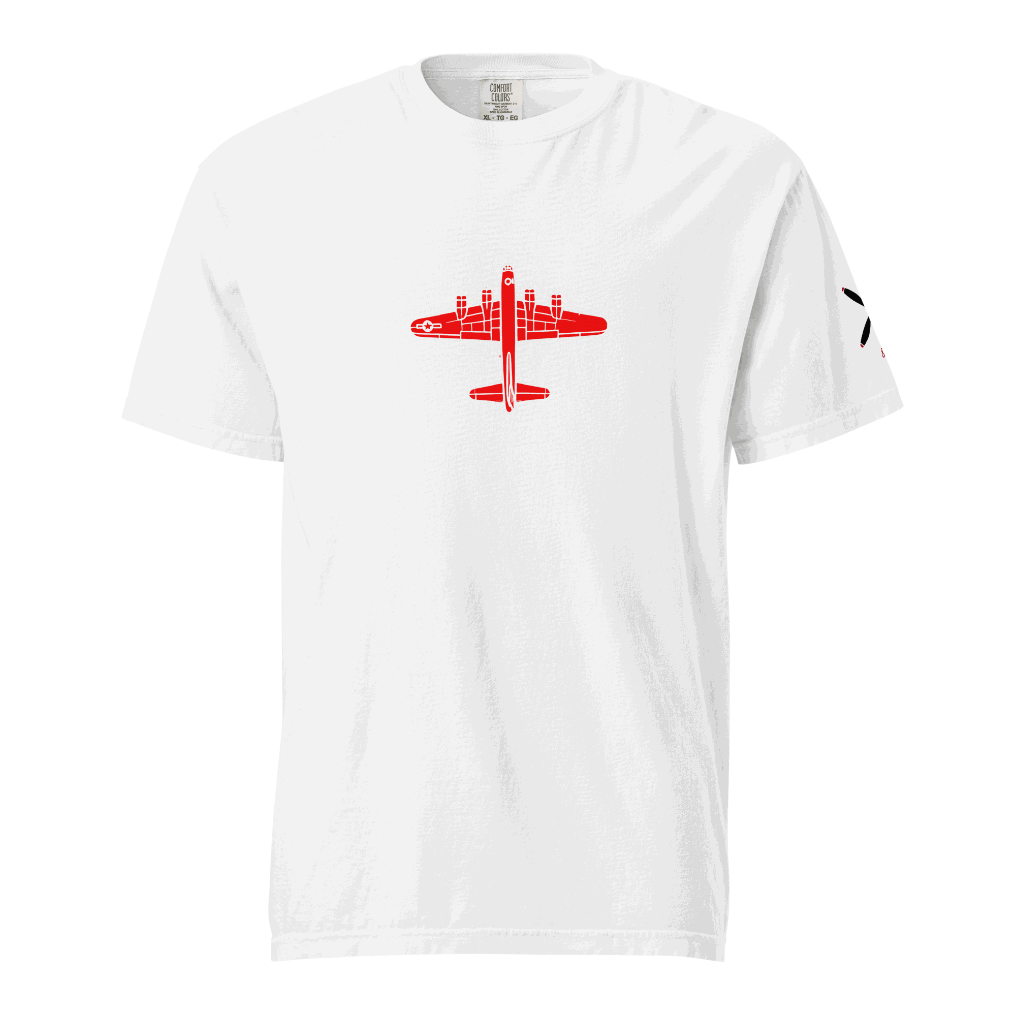 WW2 T-shirt White thick structured tee with red bomber airplane graphic on front and black logo on sleeve
