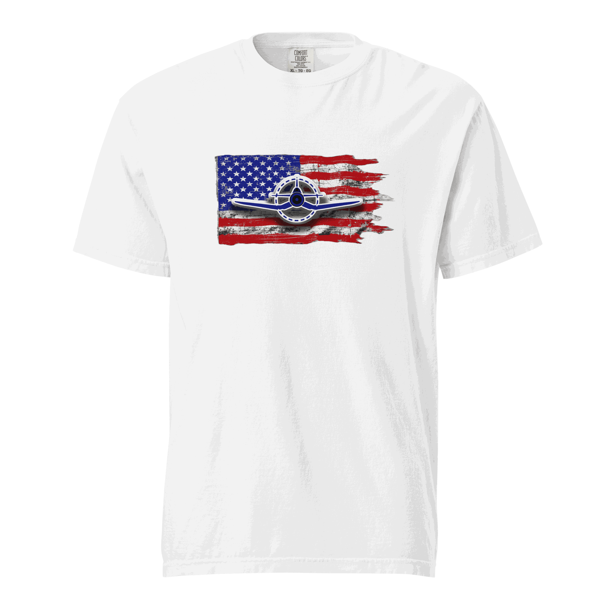 F4U Corsair heavyweight tee Lovers featuring a vintage aircraft design on an American flag background.