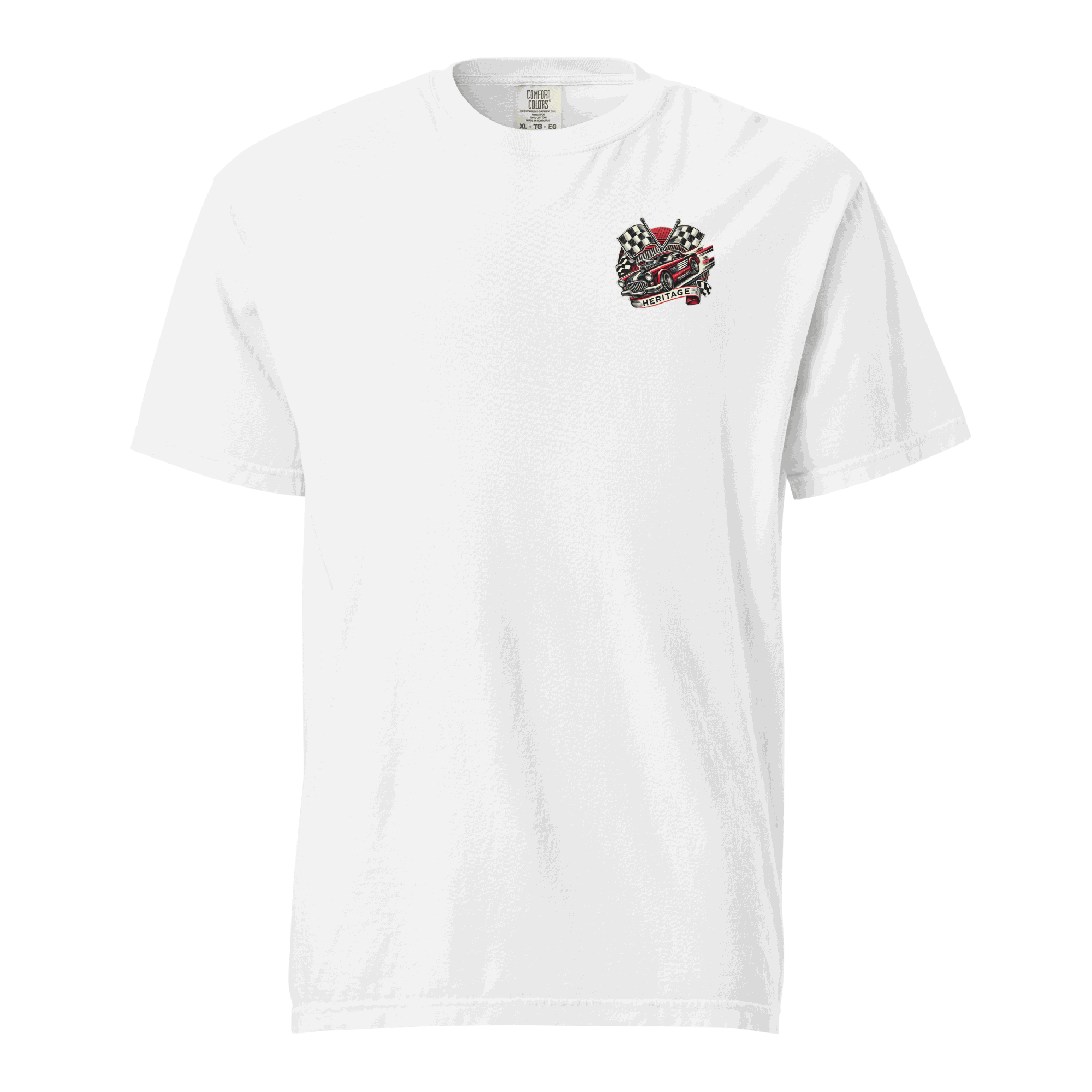 White Heritage Classic Car unisex t-shirt with vintage car logo and checkered flags, made of 100% ring-spun cotton.