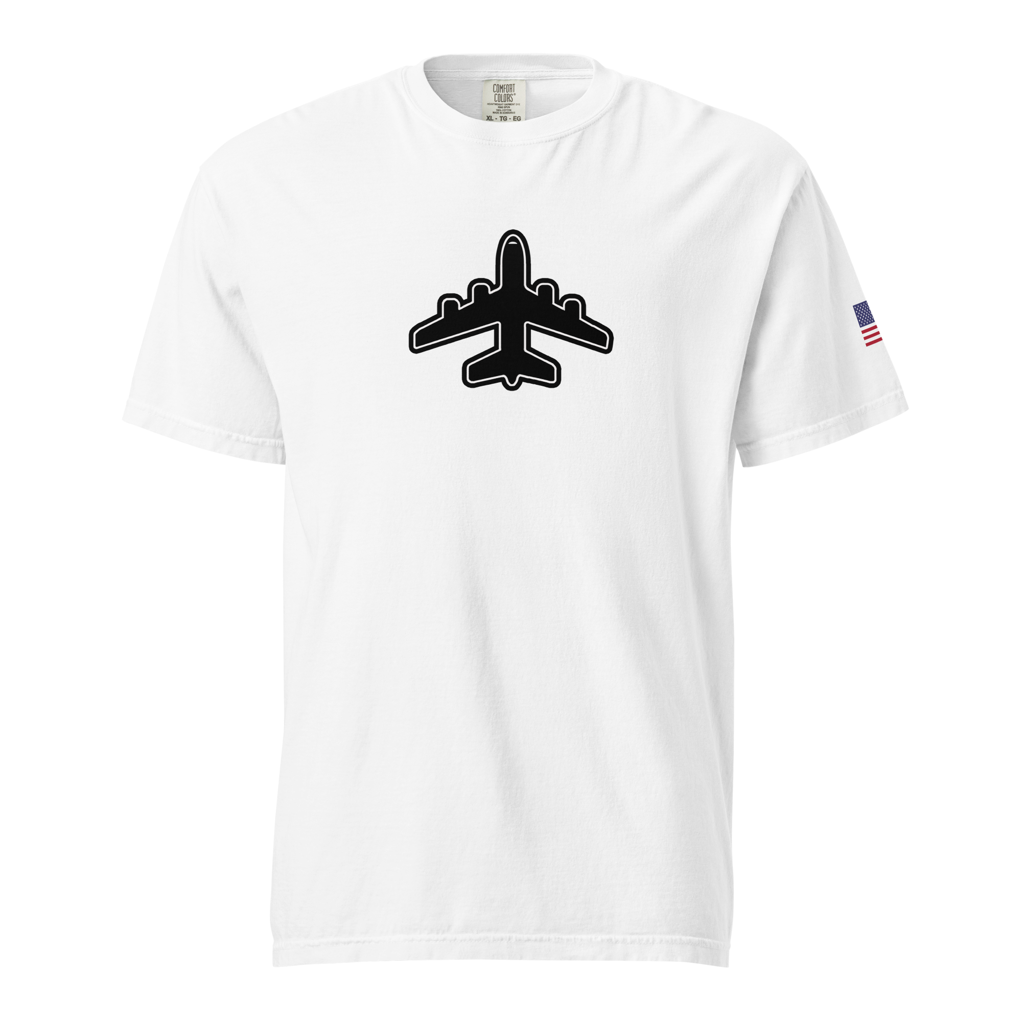 White Jumbo Jet unisex heavyweight cotton t-shirt with black airplane graphic and American flag patch on sleeve