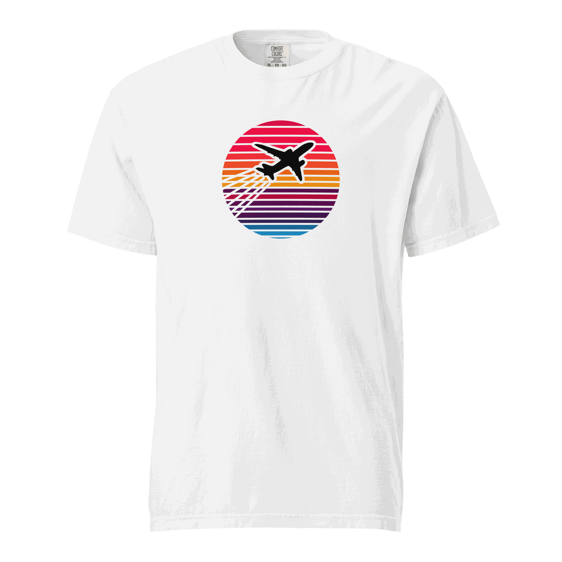 White Sunset Flight unisex heavyweight t-shirt with airplane silhouette and sunset stripes design