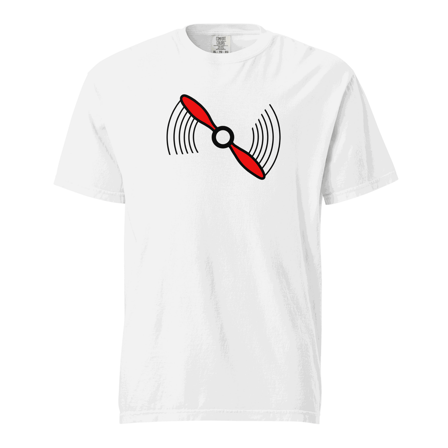 White Propeller T-Shirt with red propeller graphic, 100% ring-spun cotton, heavyweight, unisex fit, breathable and durable design