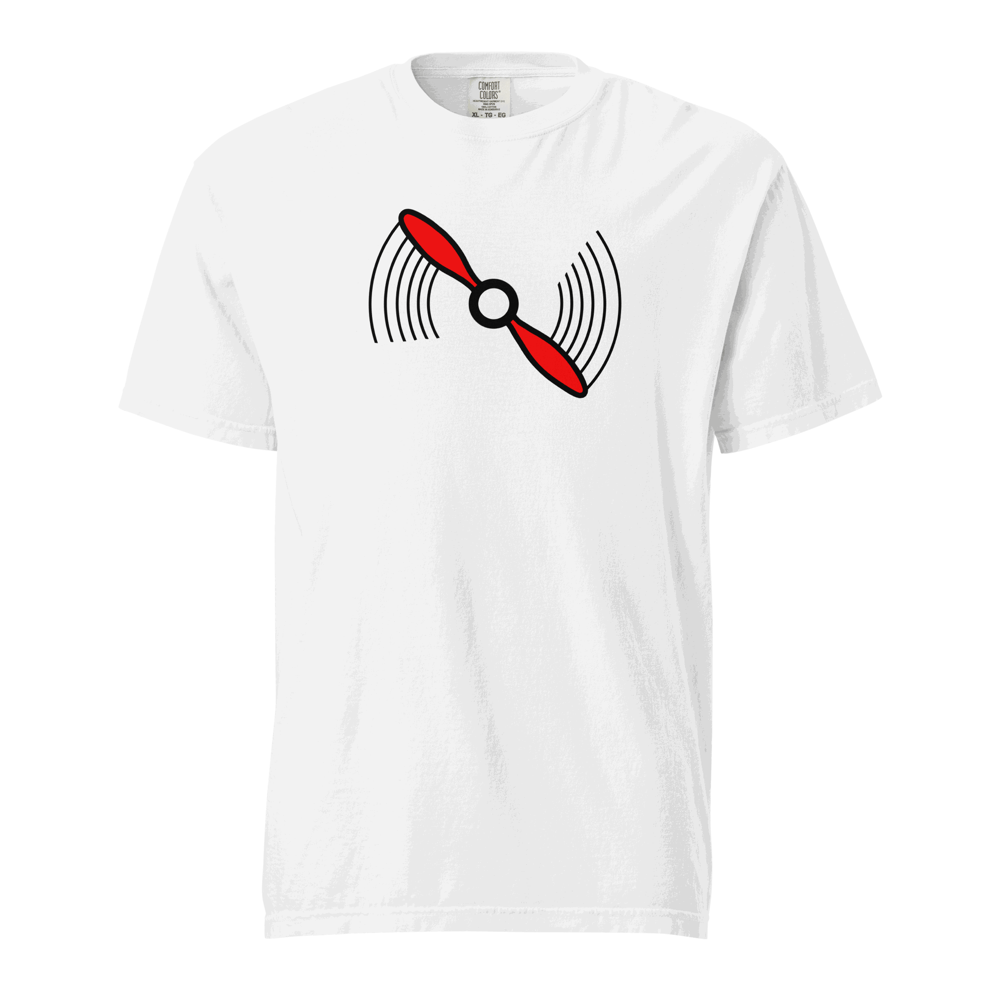 White Propeller T-Shirt with red propeller graphic, 100% ring-spun cotton, heavyweight, unisex fit, breathable and durable design