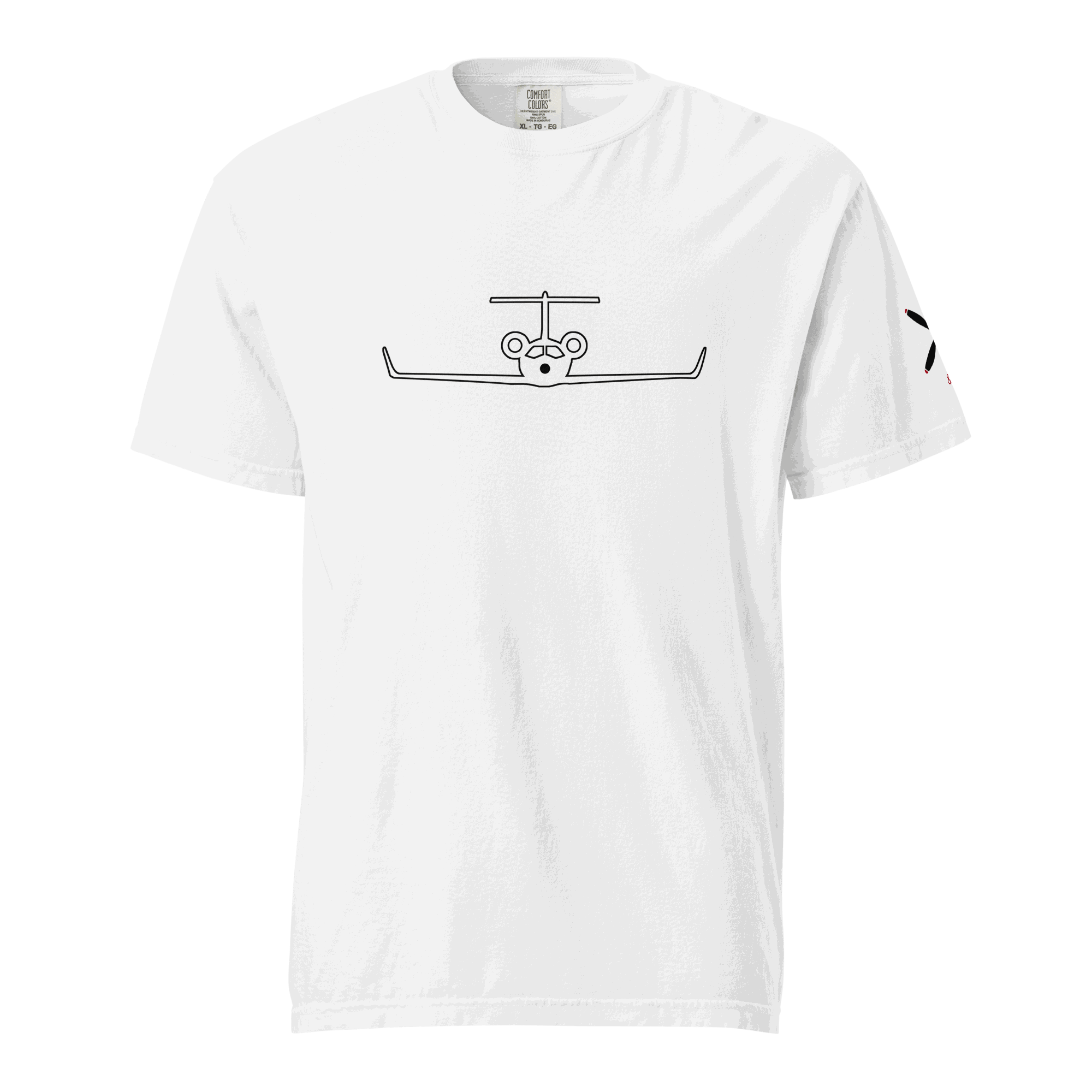 White heavyweight ring-spun cotton t-shirt with minimalist private jet illustration on front and sleeve design