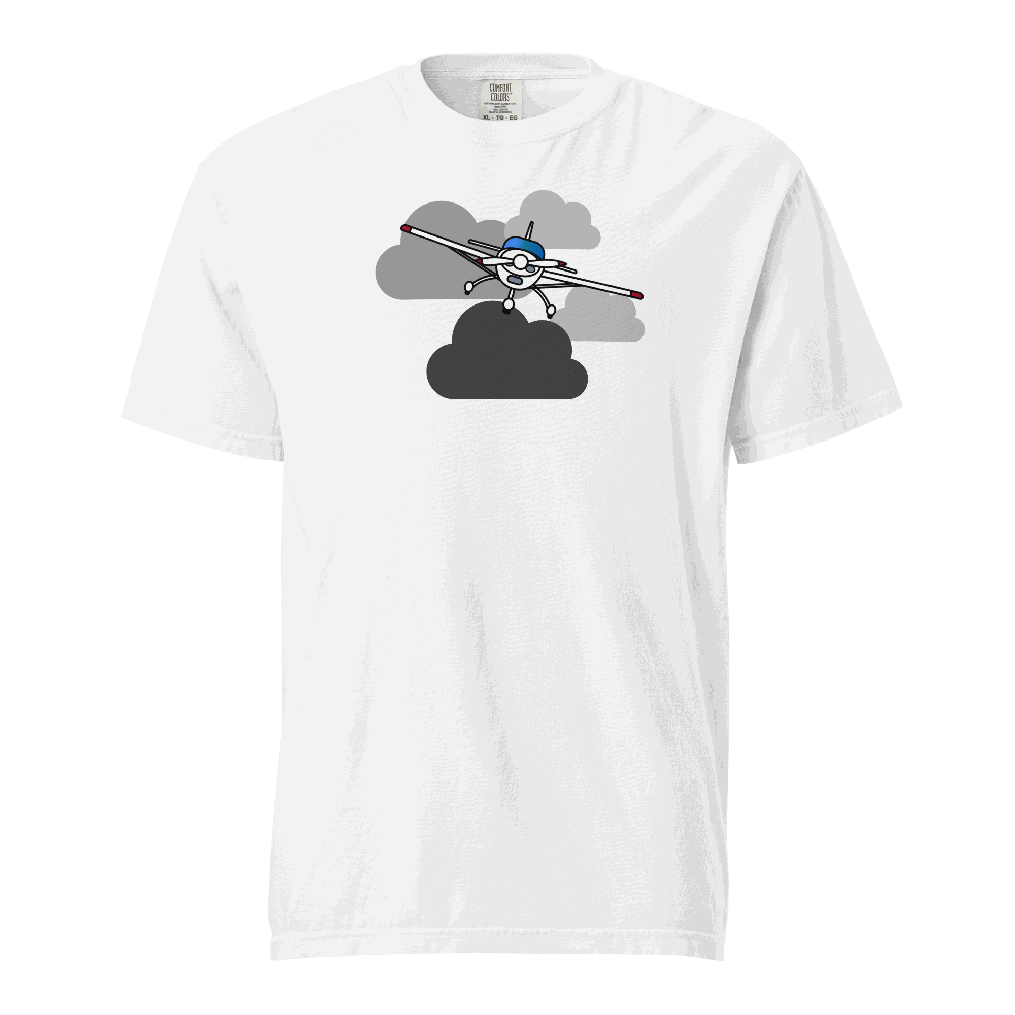 White unisex vintage airplane t-shirt with prop plane flying through clouds design