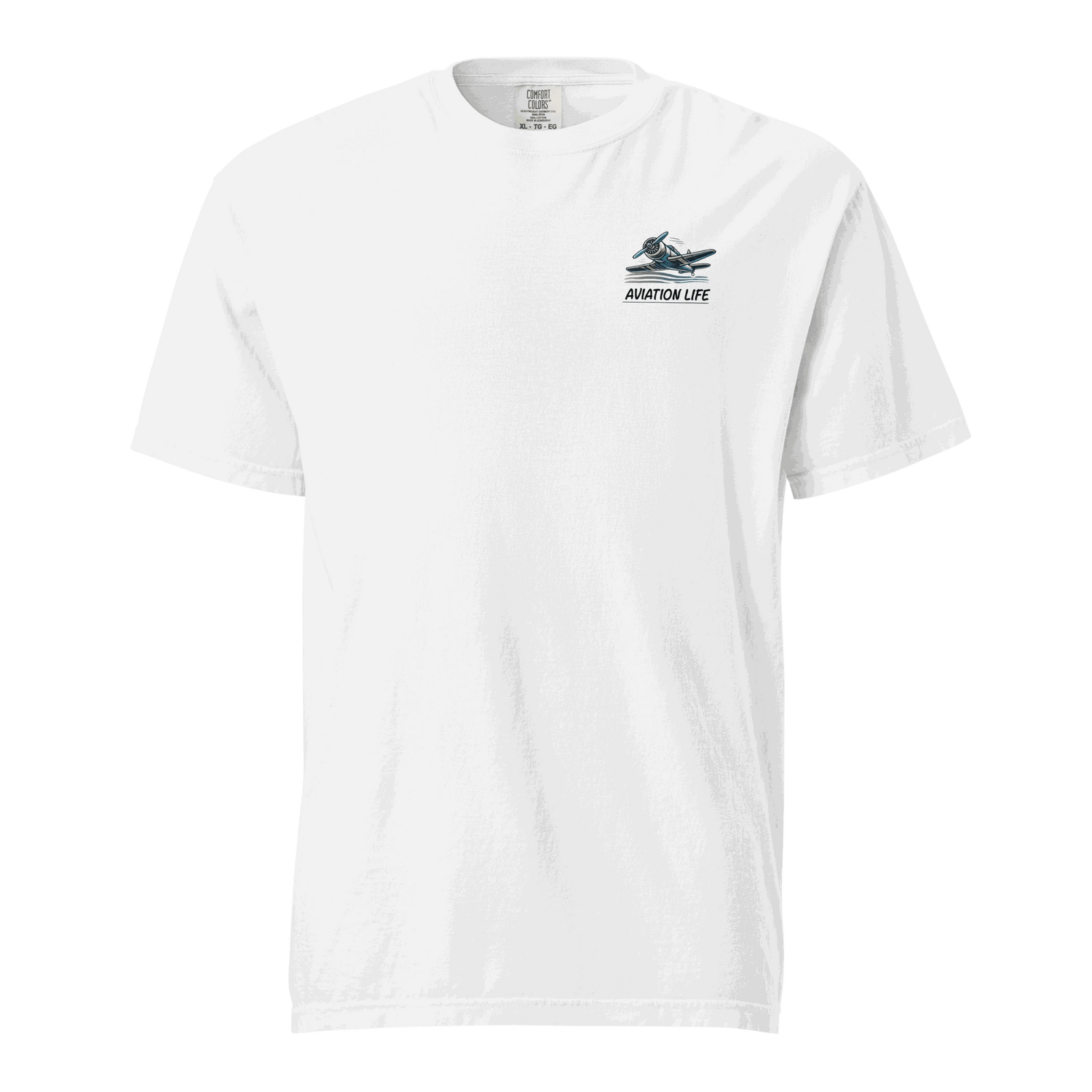 White heavyweight unisex t-shirt with aviation helmet graphic and "Aviation Life" text