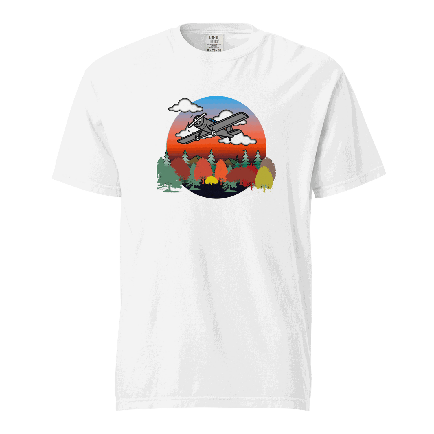 White unisex plane t-shirt with autumn forest and sunset design, 100% cotton breathable fabric.