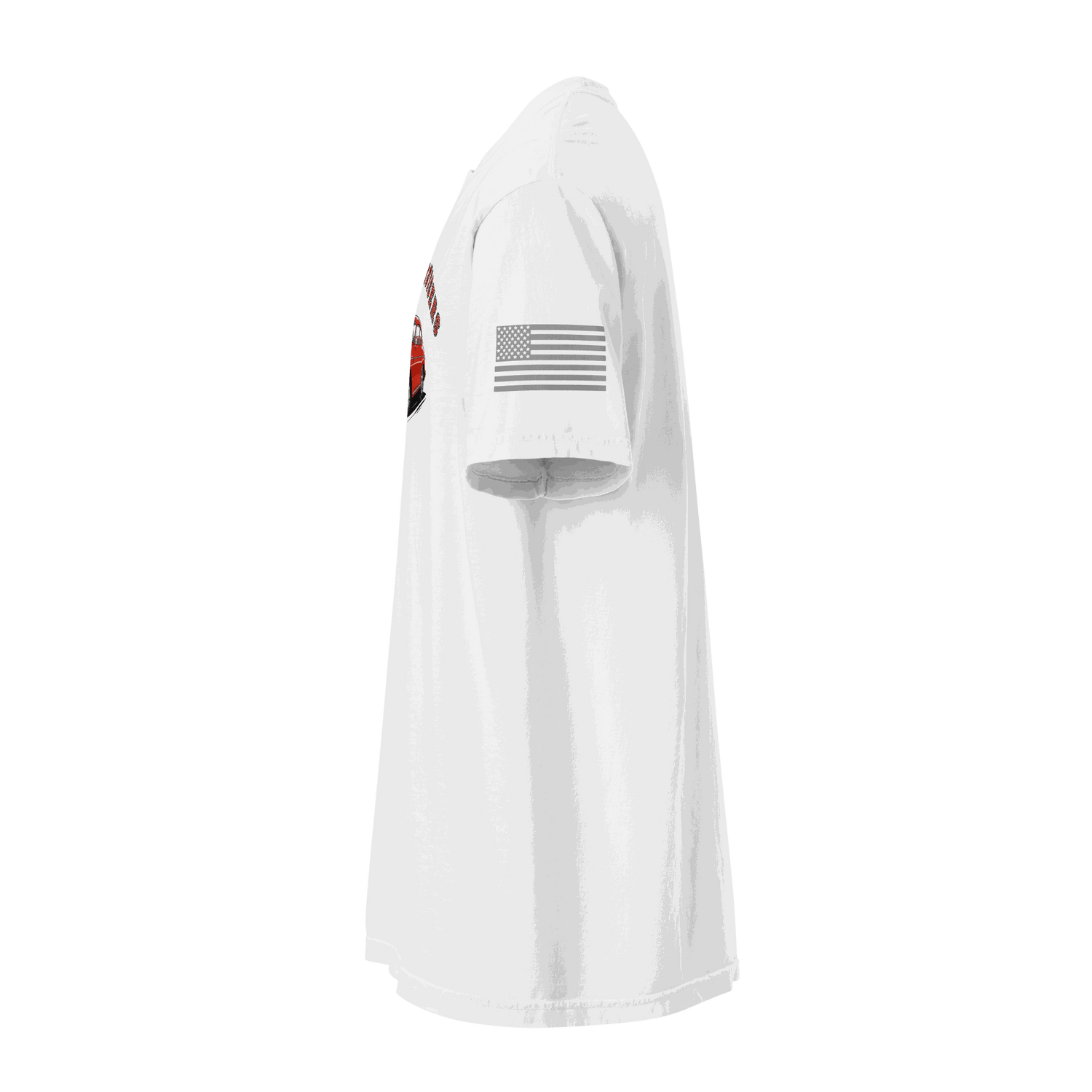 Side view of white Varsity Sports Car heavyweight cotton t-shirt with American flag on sleeve