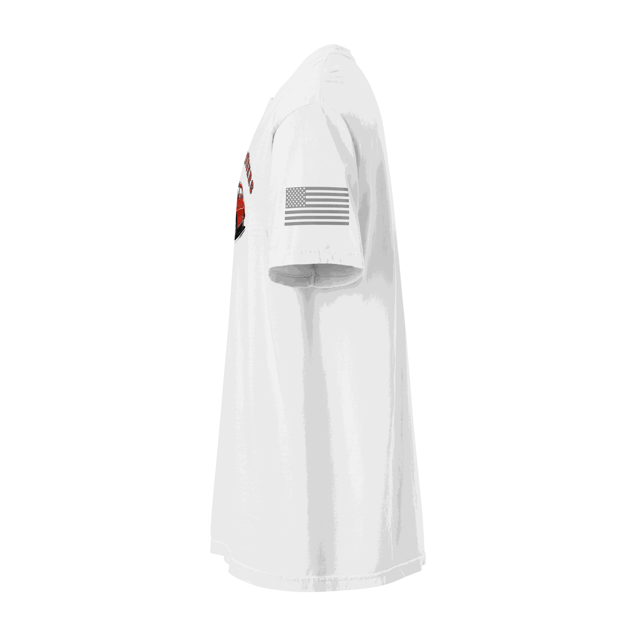 White Varsity Sports Car heavyweight cotton t-shirt side view with American flag on sleeve
