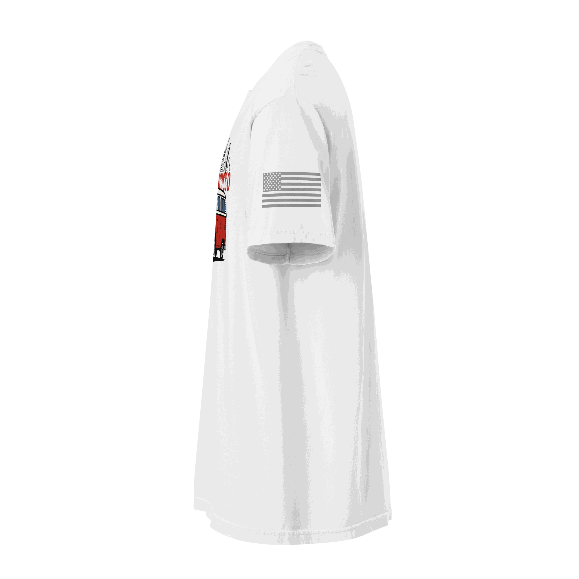 Vintage San Francisco classic cruiser white t-shirt side view with American flag on sleeve