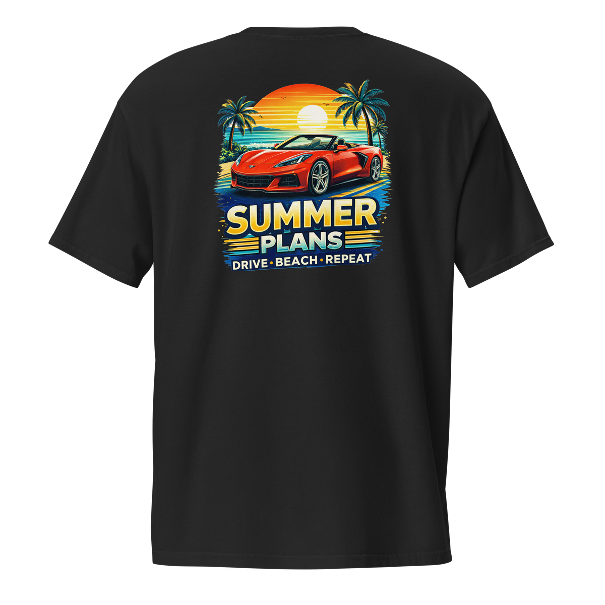 Back view of summer corvette pocket t-shirt with colorful summer plans graphic featuring a red Corvette.