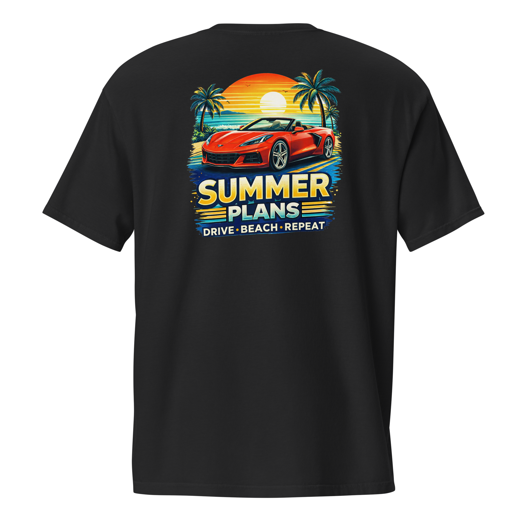 Back view of summer corvette pocket t-shirt with colorful summer plans graphic featuring a red Corvette.