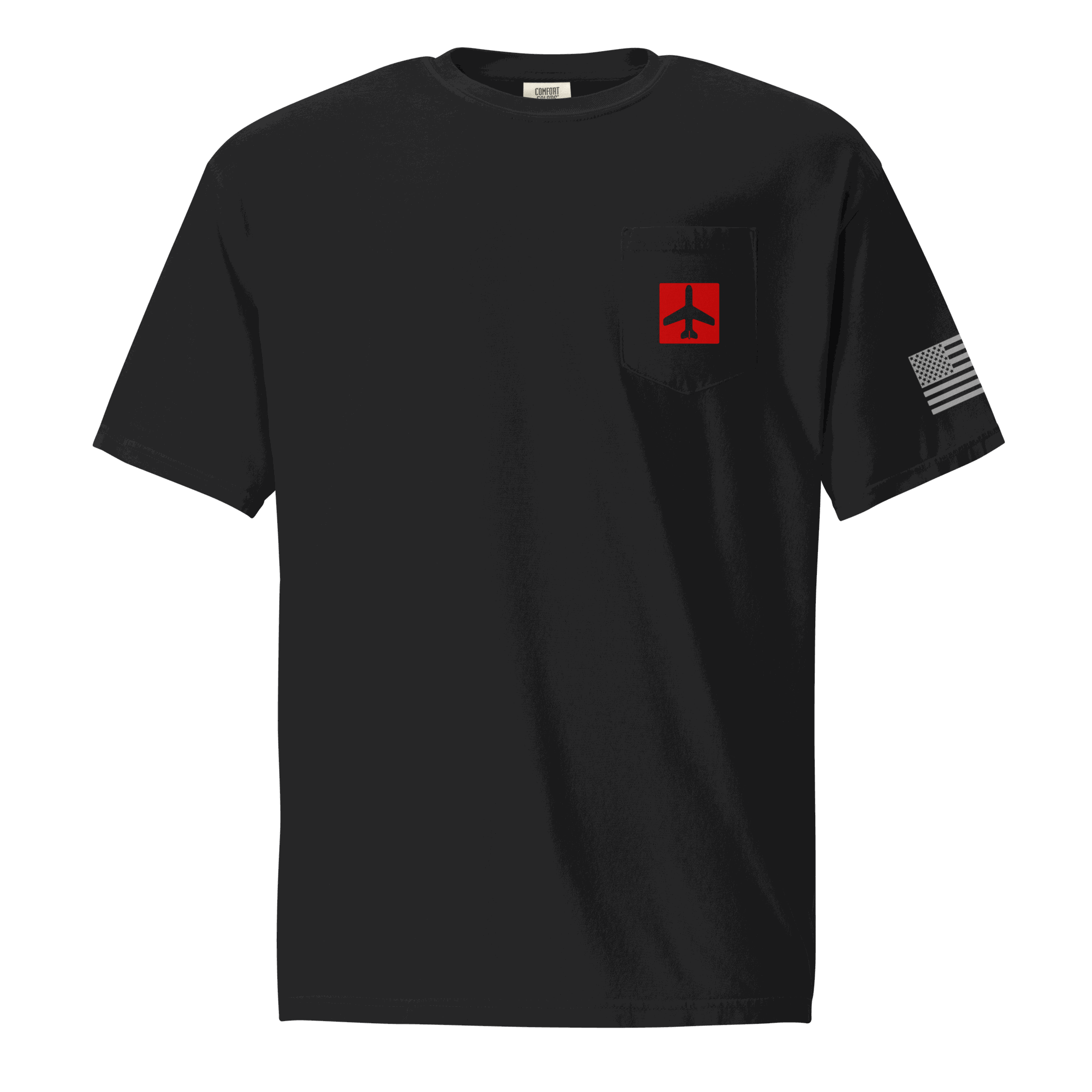 Black Airplane Shirt pocket tee with red airplane graphic and American flag on sleeve, pilot gift shirt