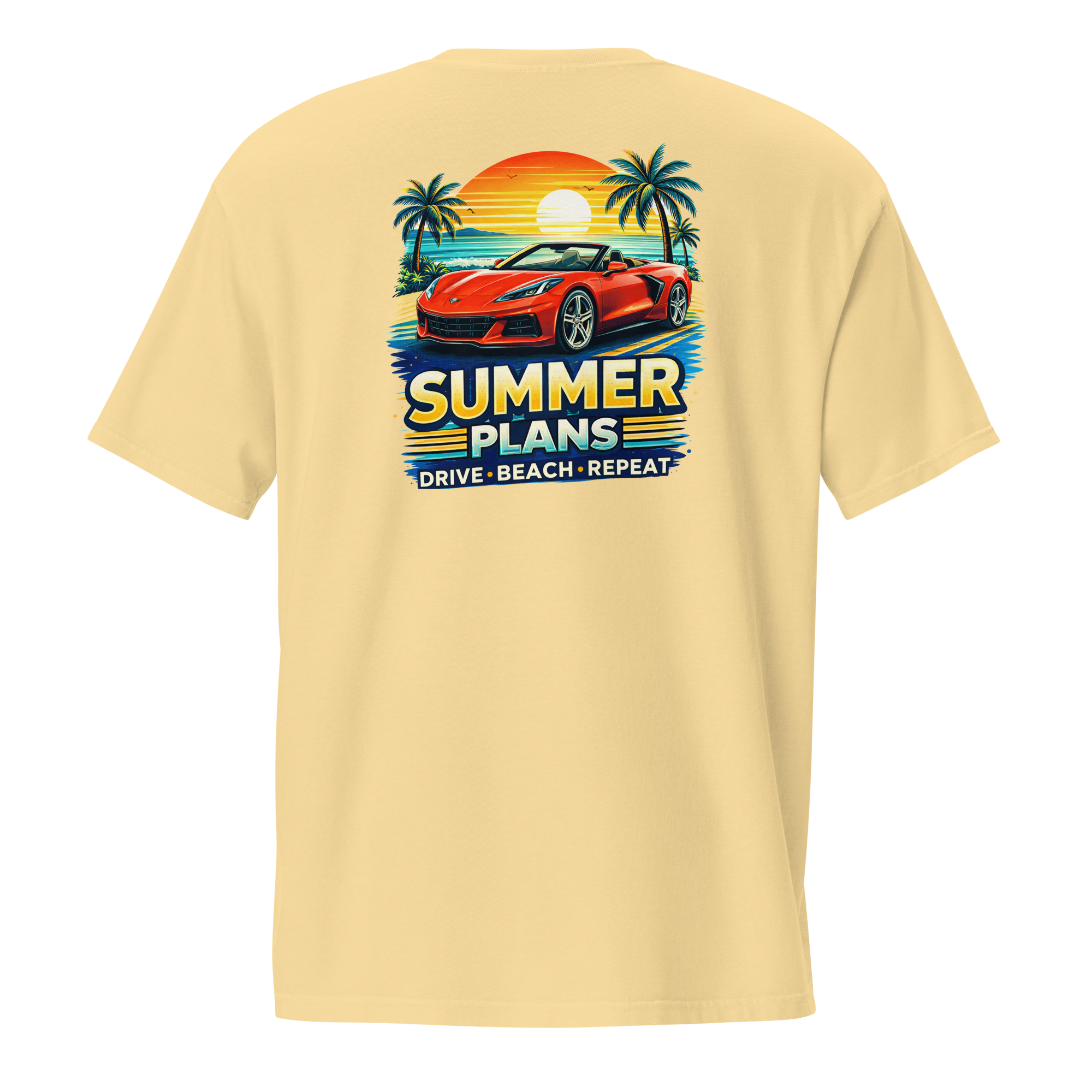 Summer Corvette pocket t-shirt featuring vibrant summer plans design with car and palm trees on a yellow background.