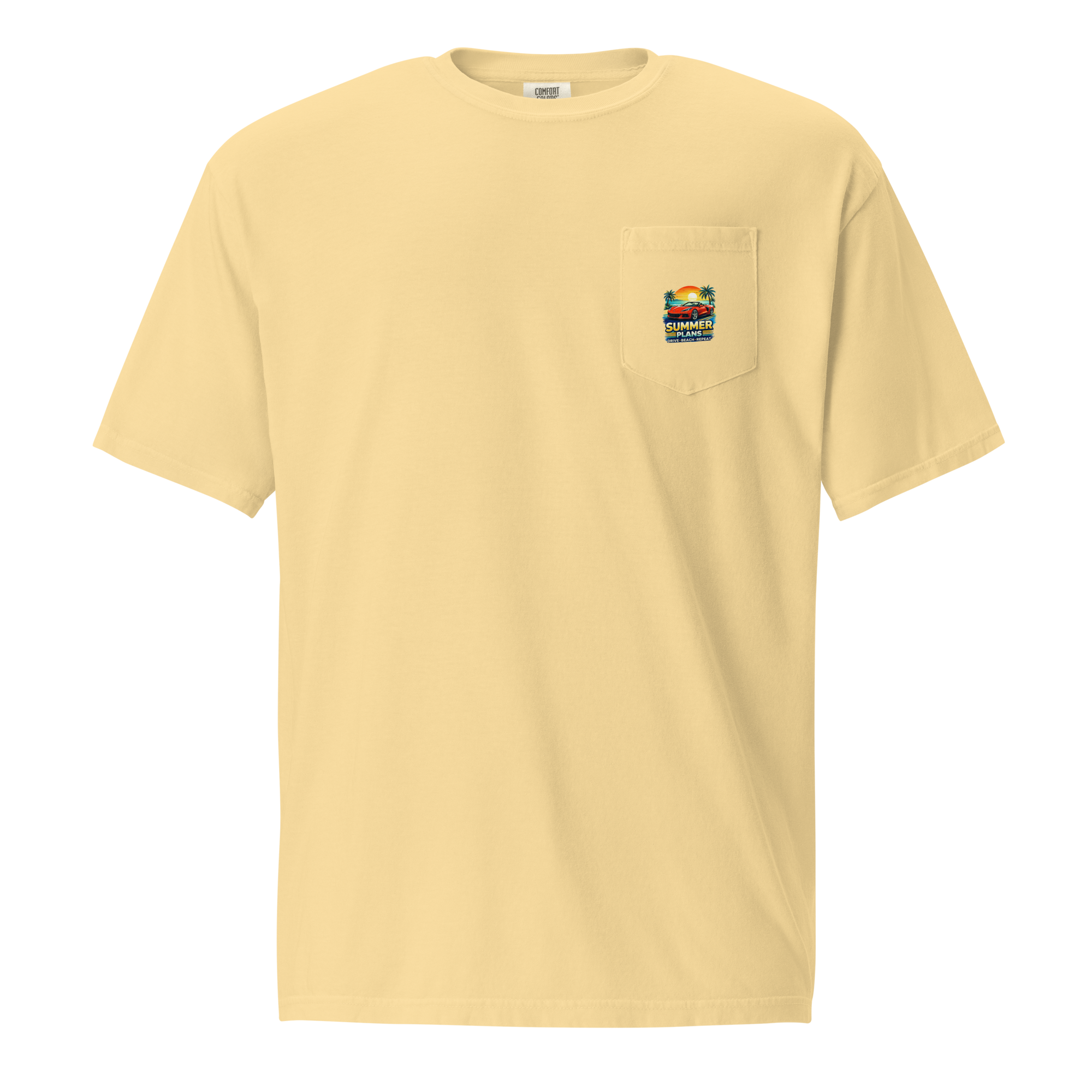 Summer Corvette pocket t-shirt in soft yellow with pocket detail and colorful graphic design.