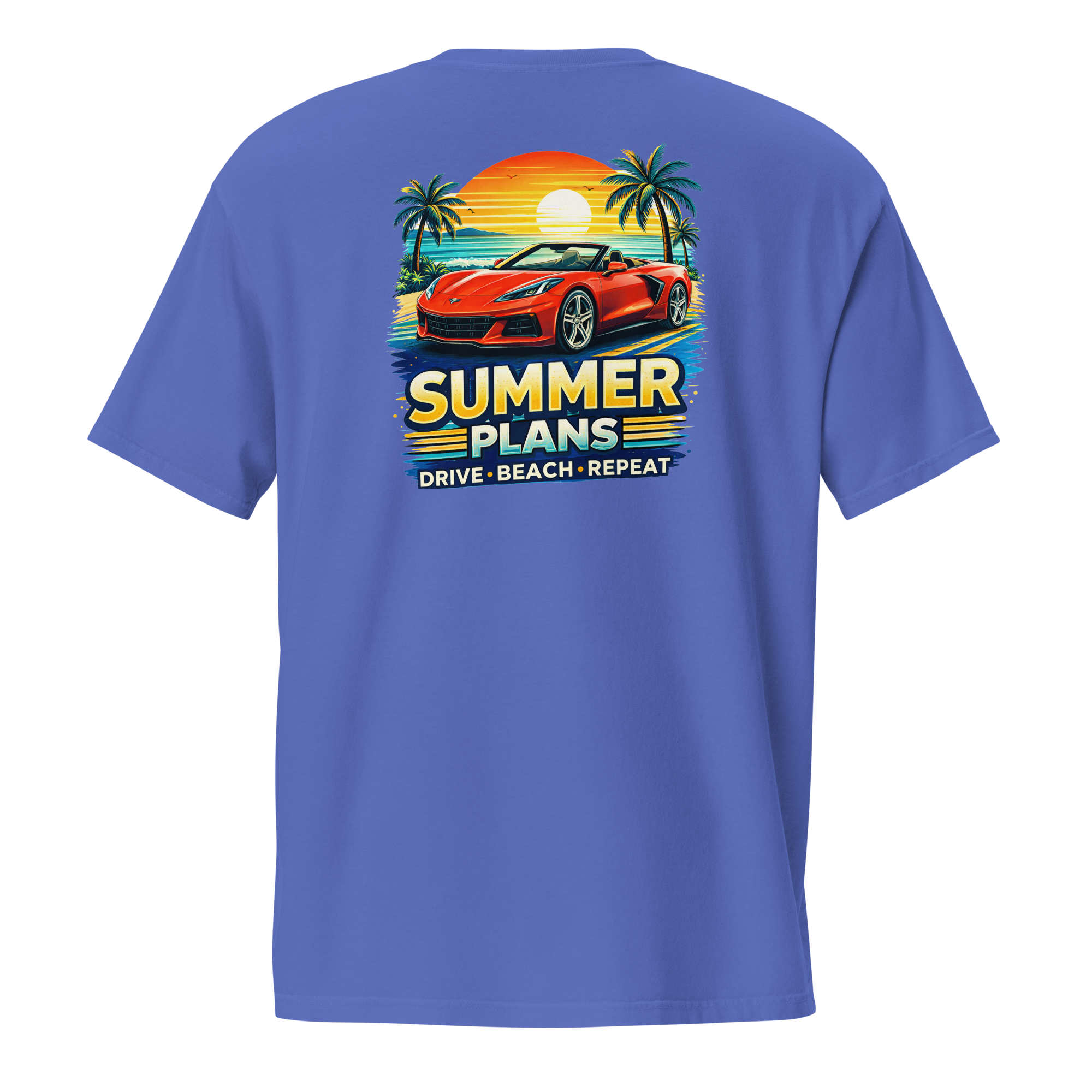 Summer Corvette pocket t-shirt featuring a colorful design with a red Corvette, palms, and sunset.