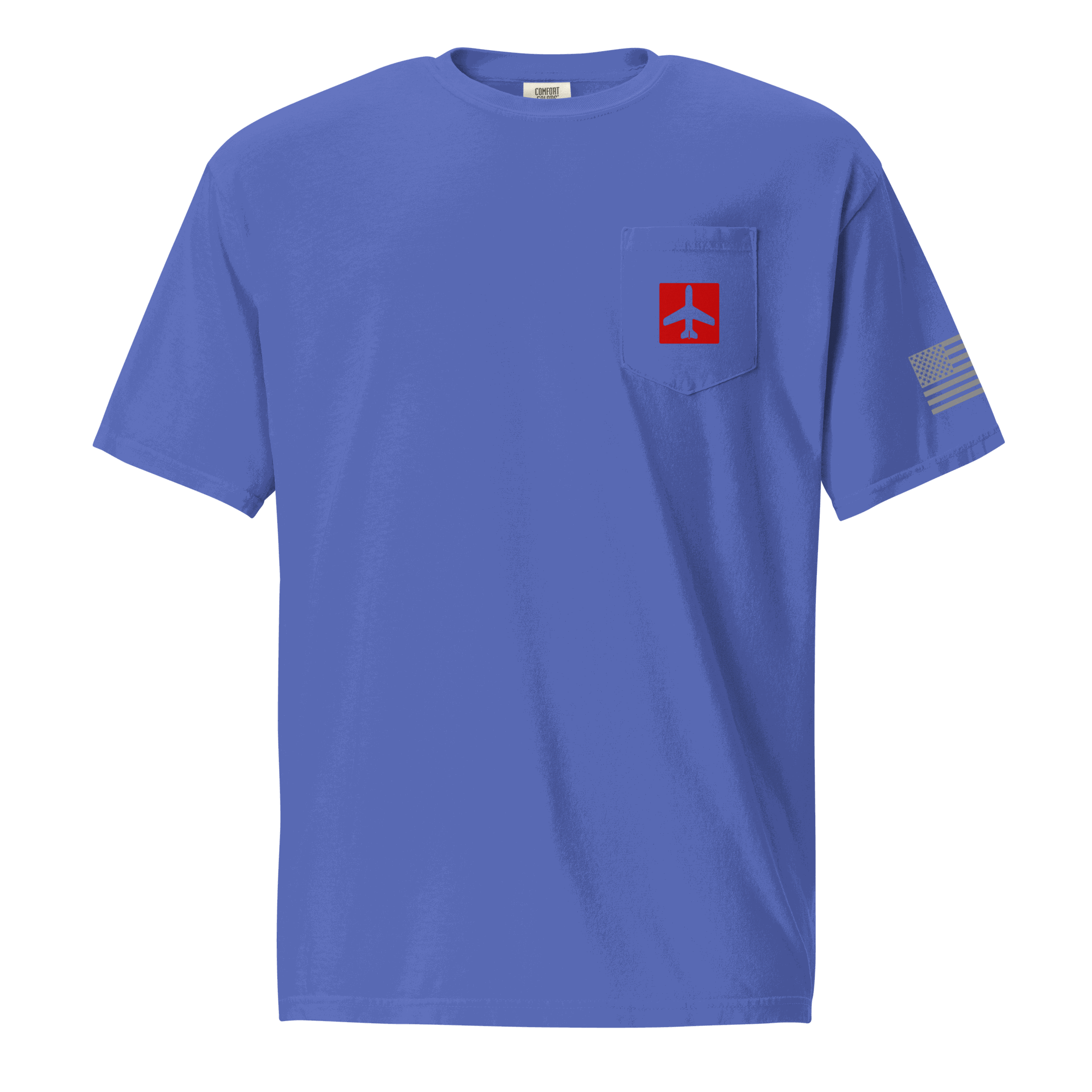 Blue Airplane Shirt pocket t-shirt with plane graphic and American flag on sleeve, made of 100% cotton, pilot gift