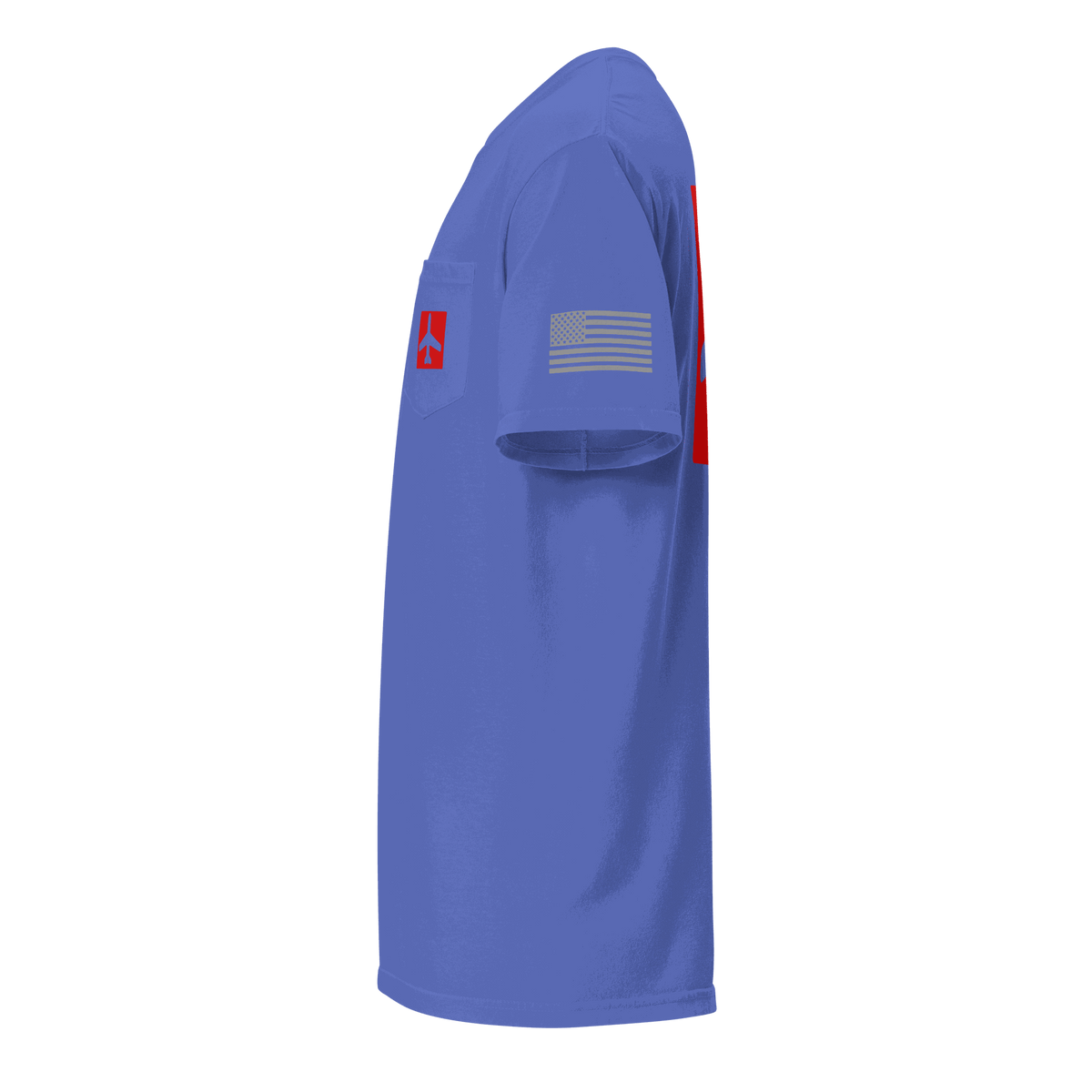 Blue Airplane Shirt with front pocket and American flag sleeve patch, unisex pilot gift tee