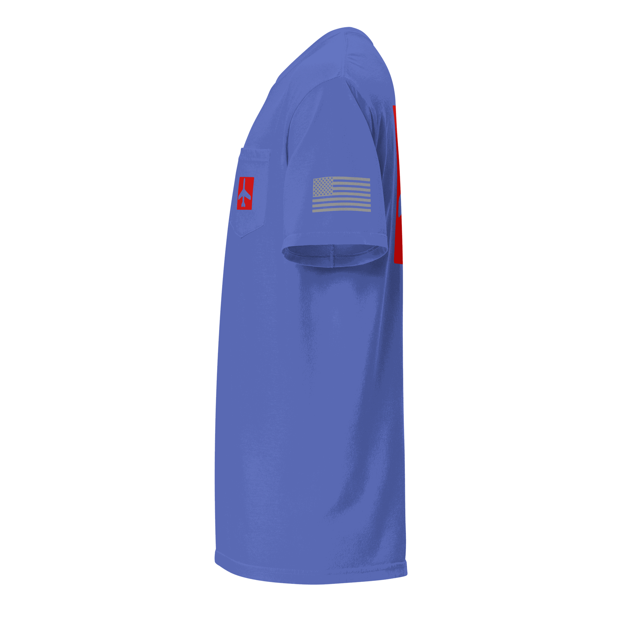 Blue Airplane Shirt with front pocket and American flag sleeve patch, unisex pilot gift tee