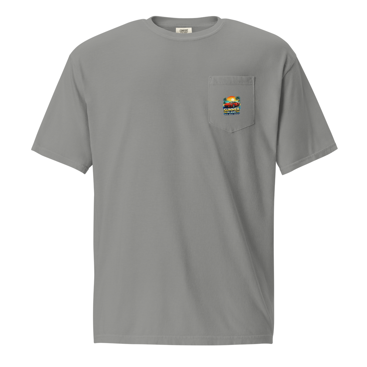 Summer Corvette pocket t-shirt in gray featuring a colorful pocket design, made from 100% ring-spun cotton.