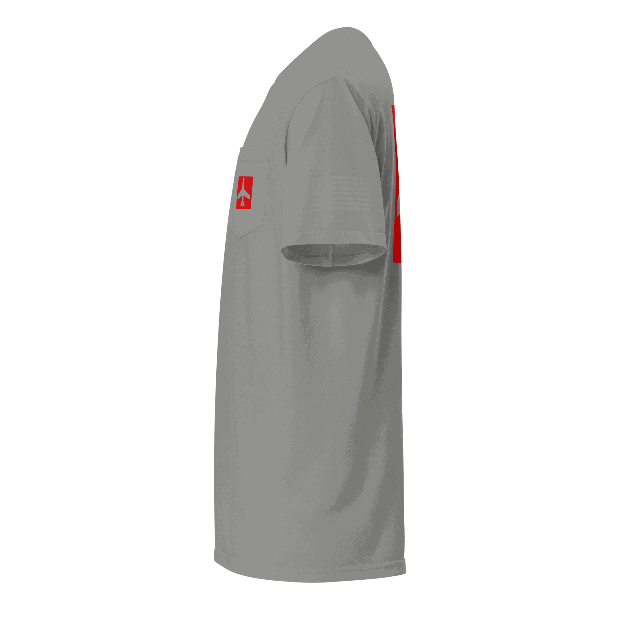 Gray Airplane Shirt with pocket and red airplane logo, side view, pilot gift tee