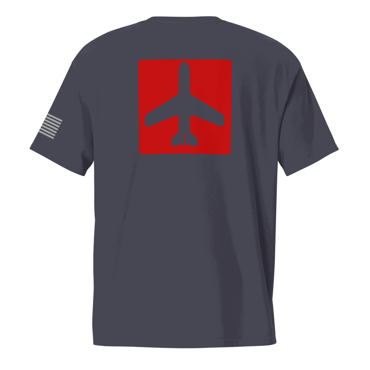 Navy blue airplane shirt with red airplane graphic on back and American flag on sleeve, unisex pocket tee for pilots and aviation enthusiasts