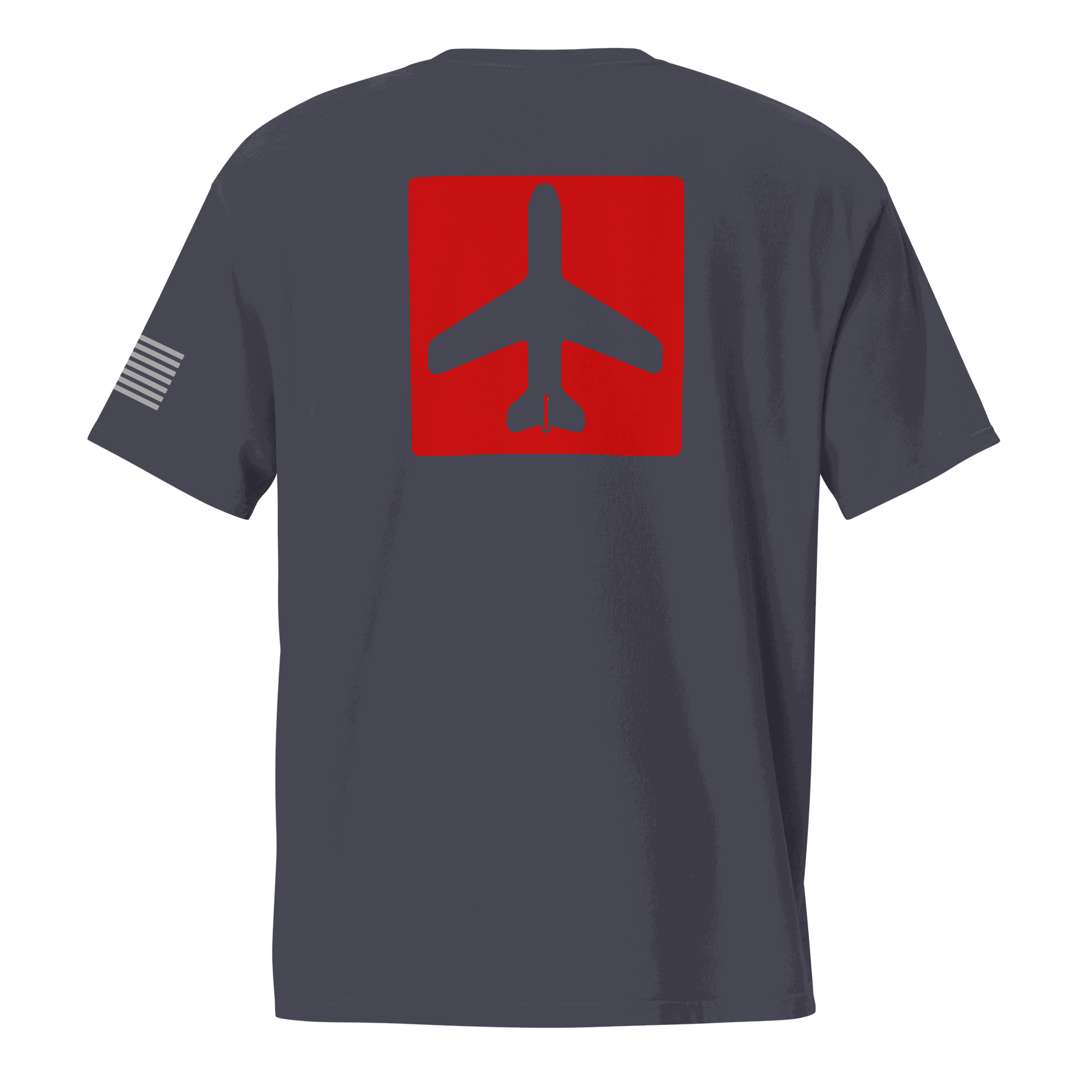 Navy blue airplane shirt with red airplane graphic on back and American flag on sleeve, unisex pocket tee for pilots and aviation enthusiasts