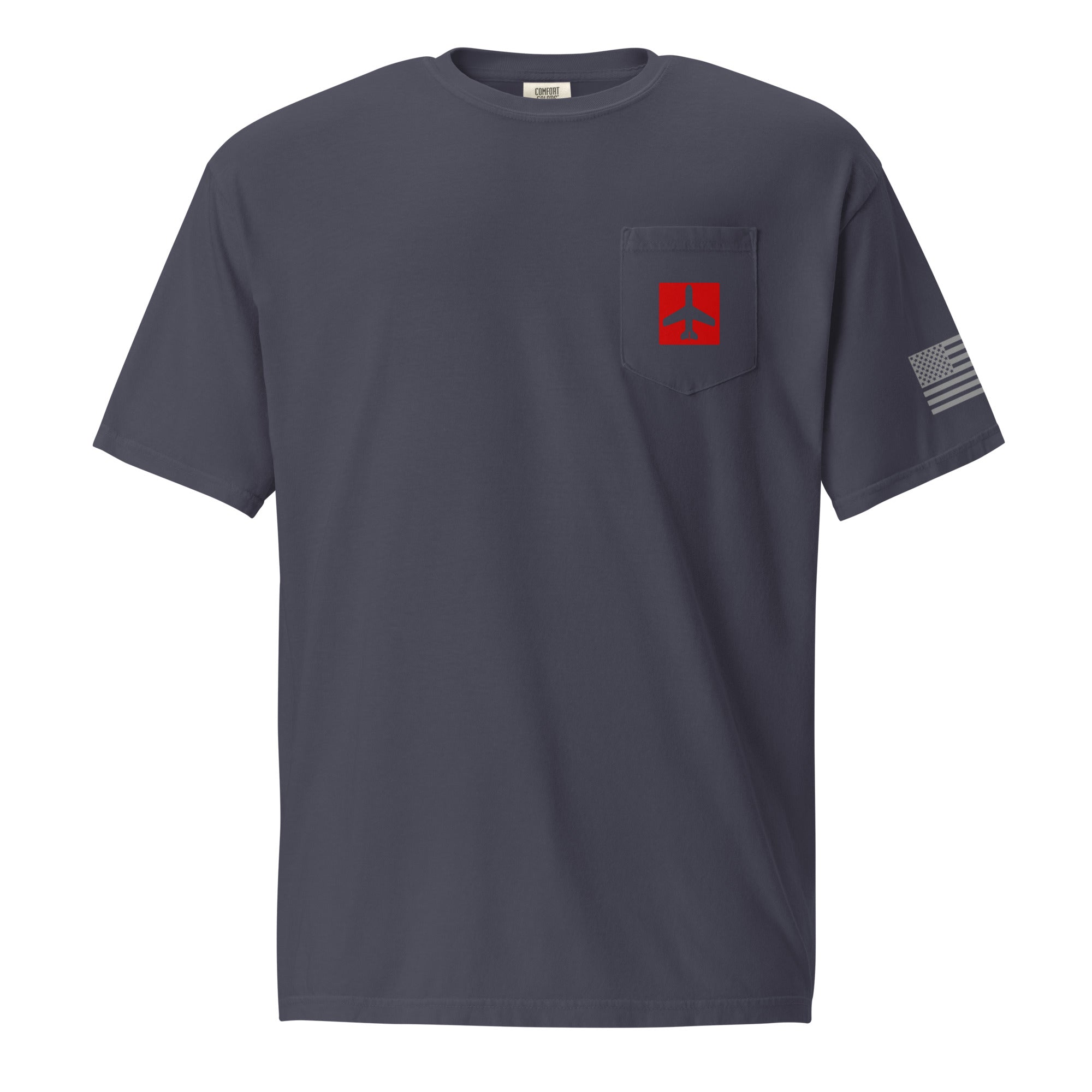 Gray t-shirt with a red and white logo on the chest pocket and a flag design on the sleeve against a white background.