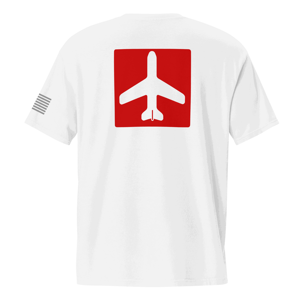 White Airplane Shirt with red airplane graphic on back and American flag on sleeve, unisex pocket tee for pilots and aviation enthusiasts