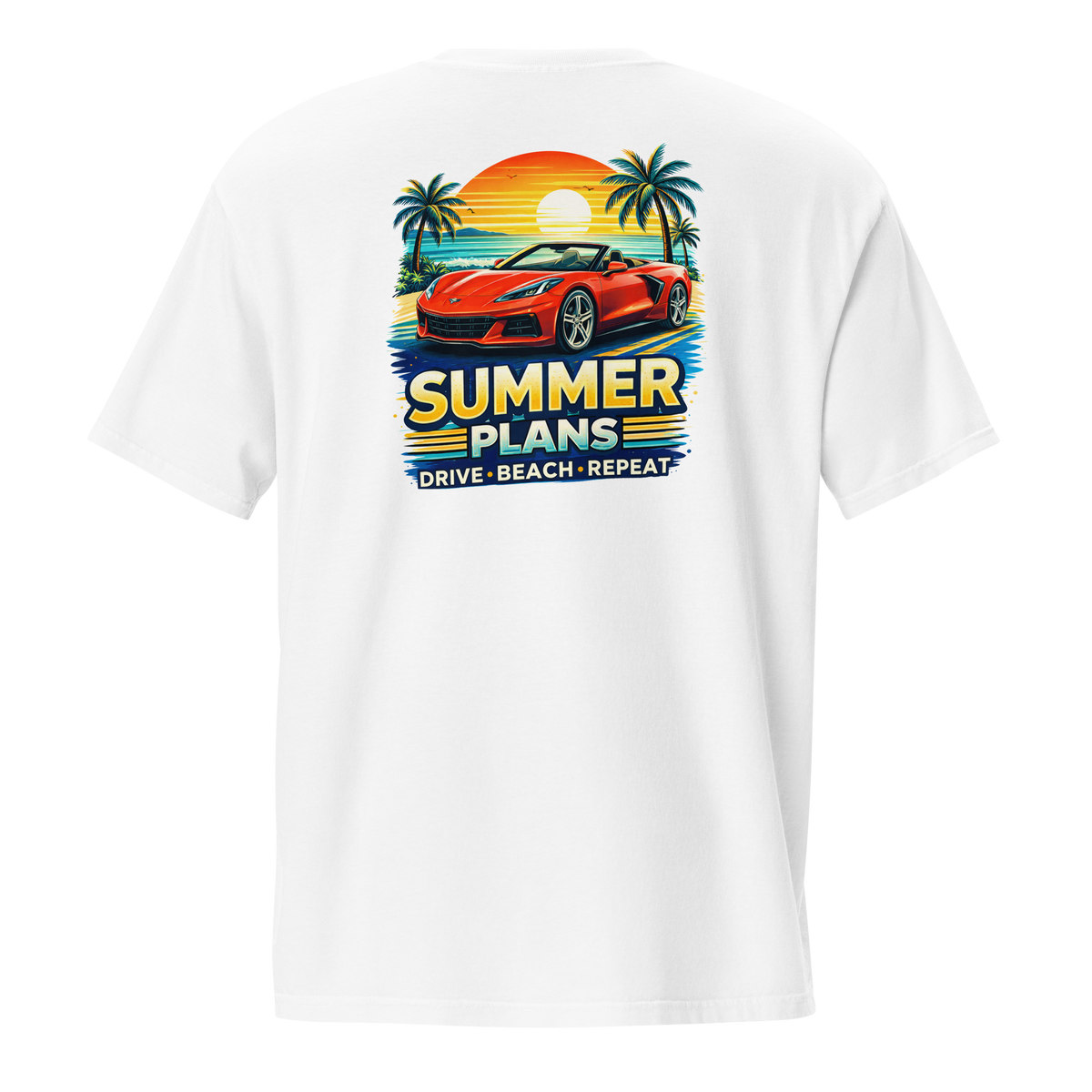 Summer Corvette pocket t-shirt featuring a colorful design with palm trees and a car, perfect for summer wear.