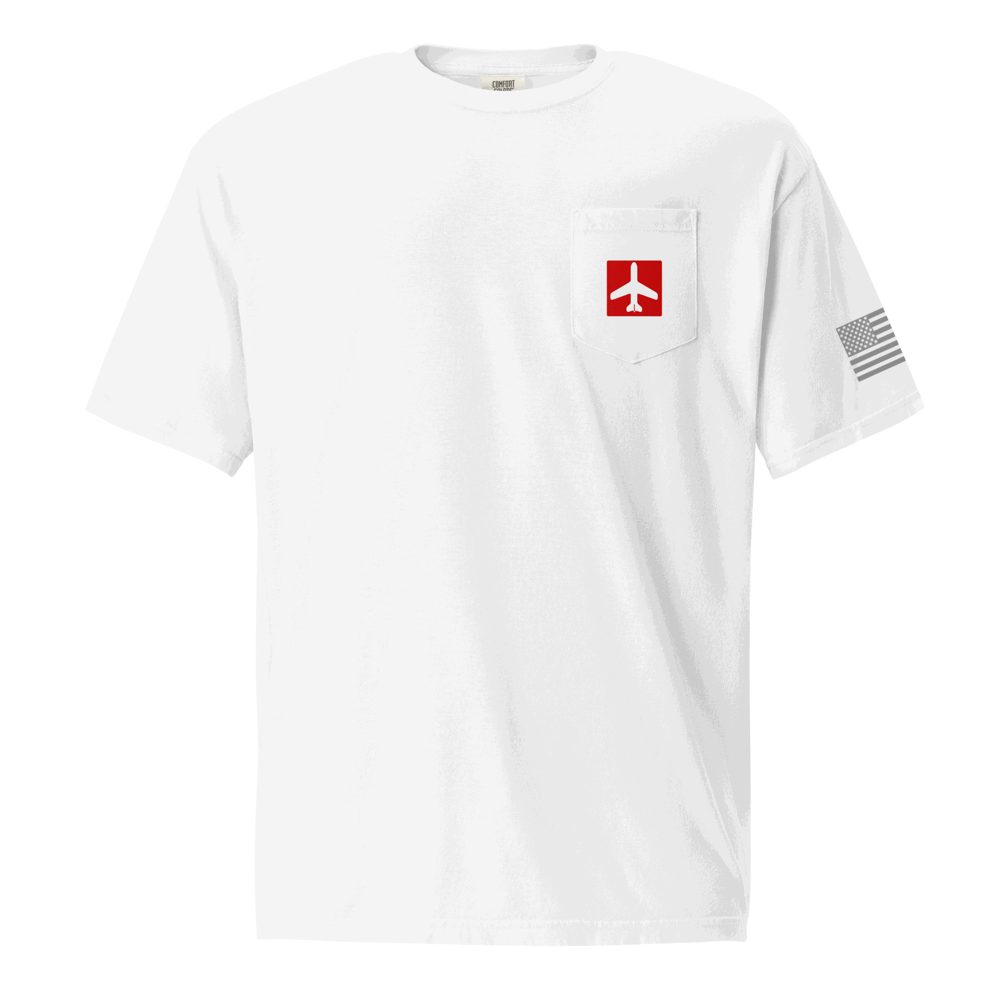 White Airplane Shirt pocket t-shirt with red airplane icon and American flag on sleeve, unisex pilot gift shirt