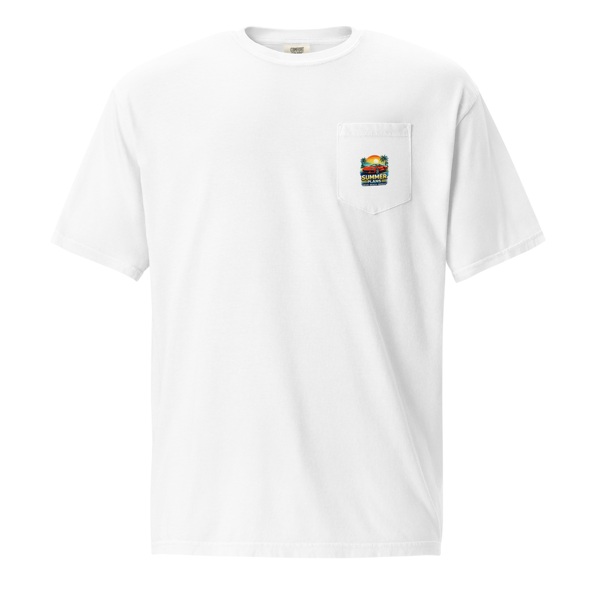 Summer Corvette pocket t-shirt featuring a colorful pocket design on a white background.