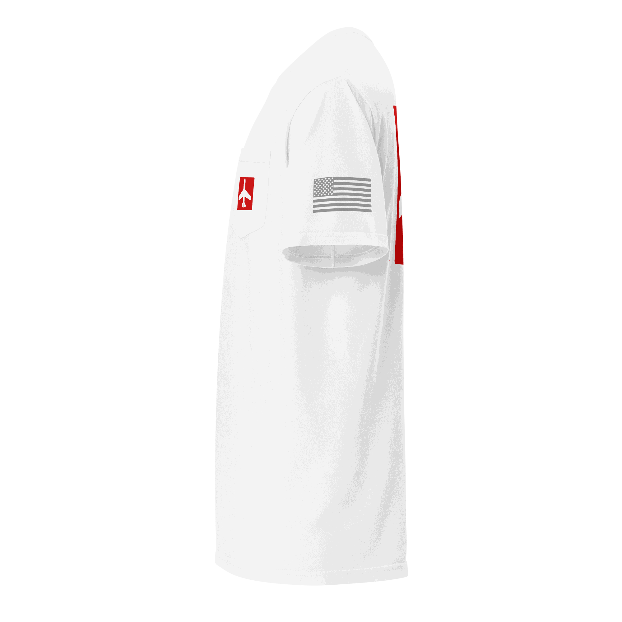 White Airplane Shirt with pocket and American flag sleeve detail, side view, pilot gift tee