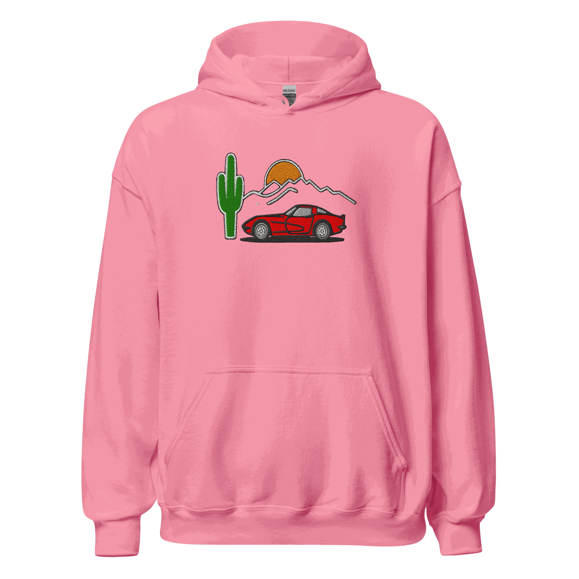 Unisex esports racing hoodie with embroidered high-octane car silhouette, plush fleece blend, hooded streetwear design