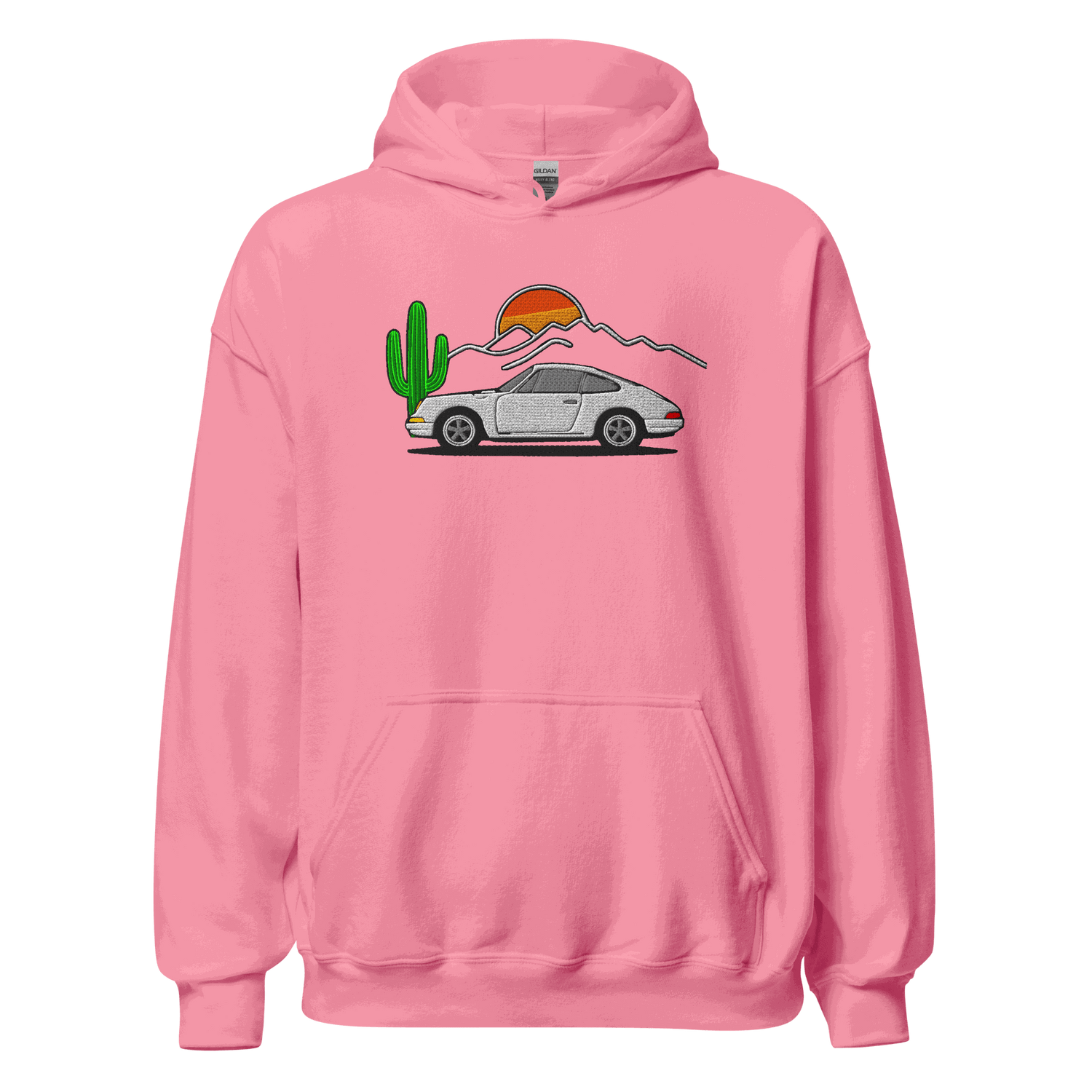 Unisex pink hoodie with embroidered sports car and desert scene design