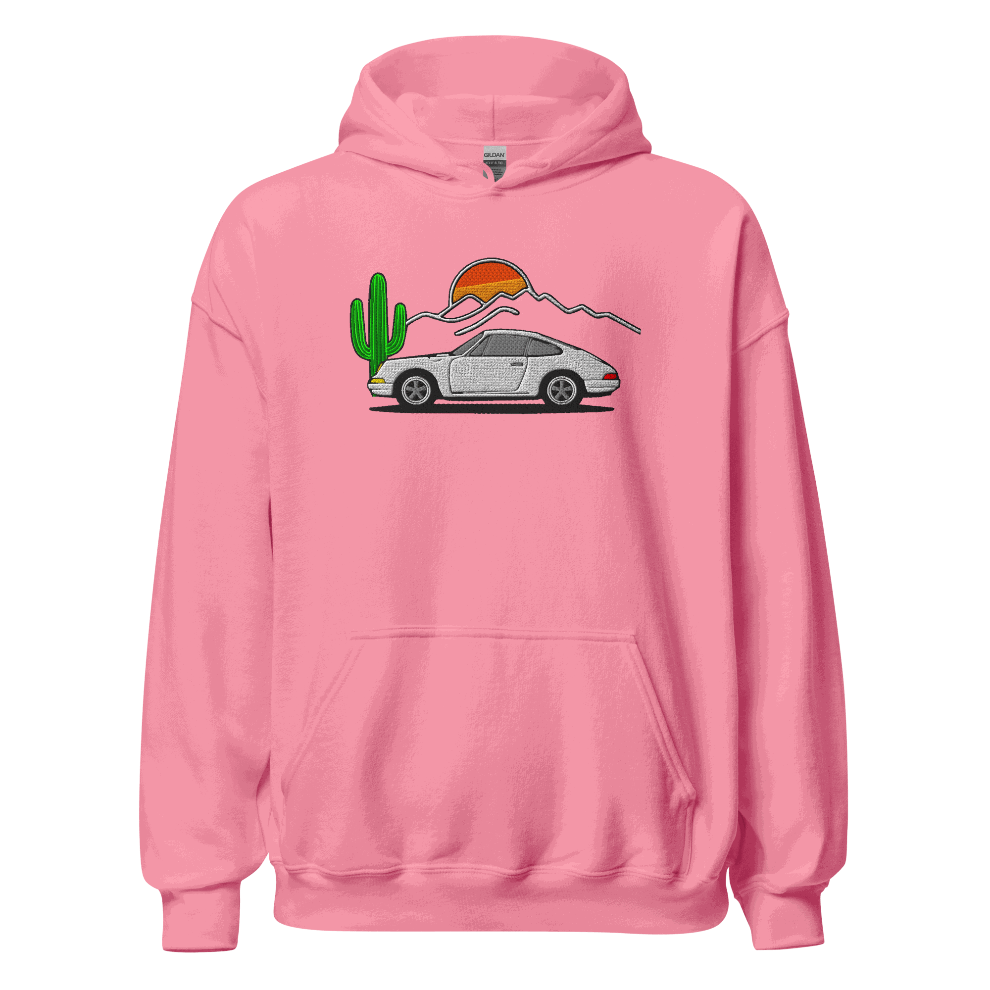Unisex pink hoodie with embroidered sports car and desert scene design