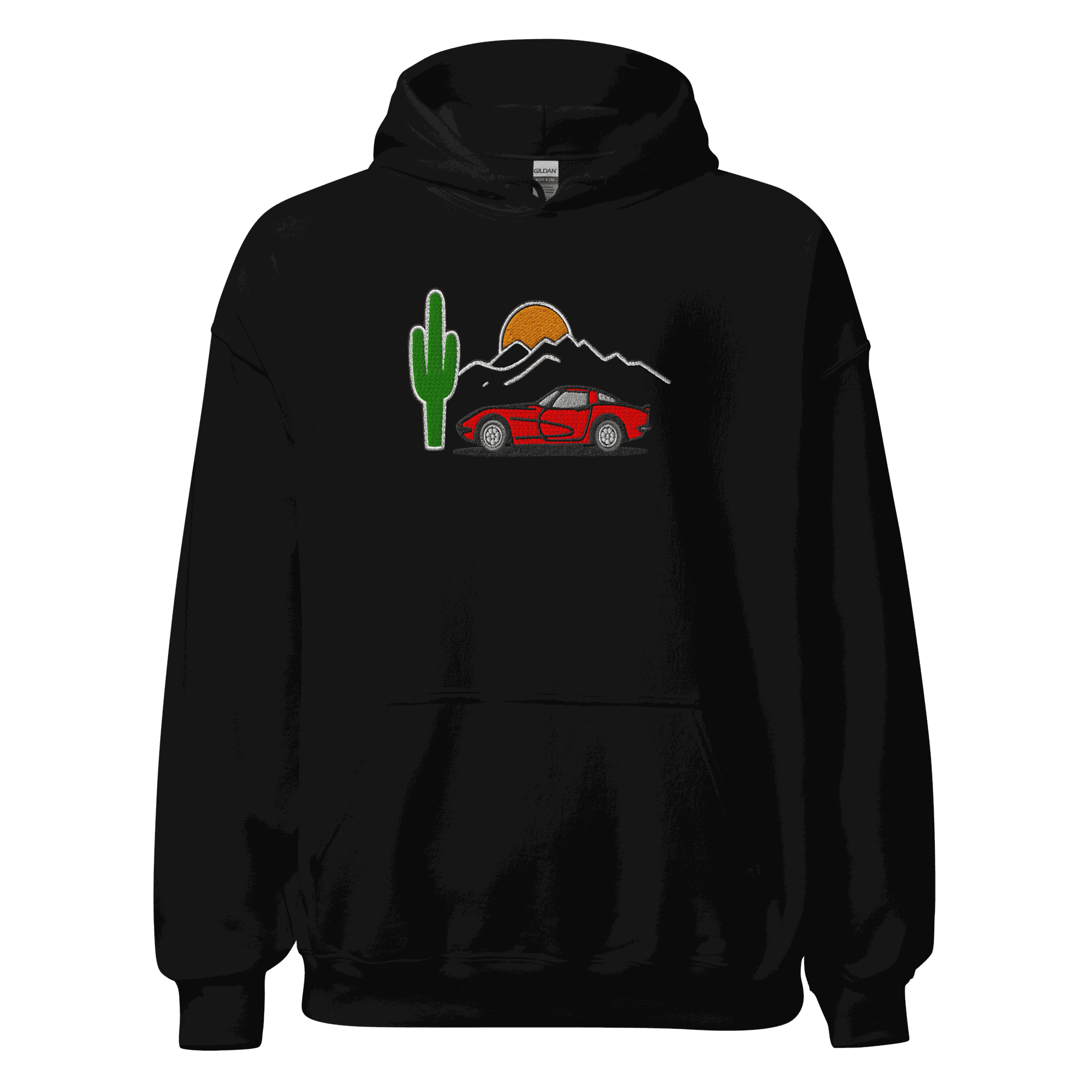 Unisex esports racing hoodie with embroidered racing car silhouette, premium fleece blend, hooded design, and kangaroo pocket in dark navy
