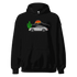 Black unisex hoodie with embroidered sports car and desert sunset design, soft fleece interior, and front pouch pocket