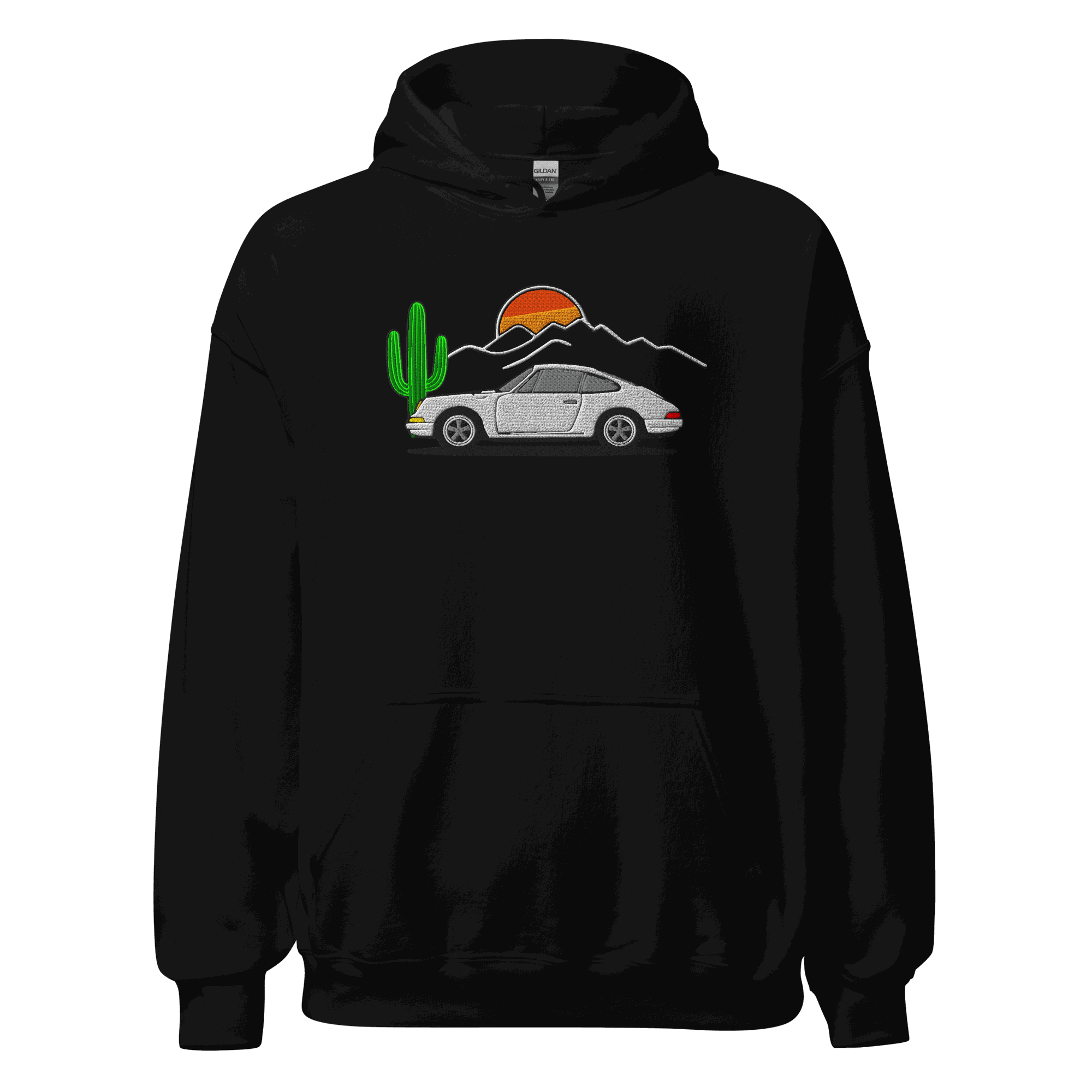Black embroidered sports car hoodie featuring a silver classic car with desert landscape design, unisex fleece-lined pullover.