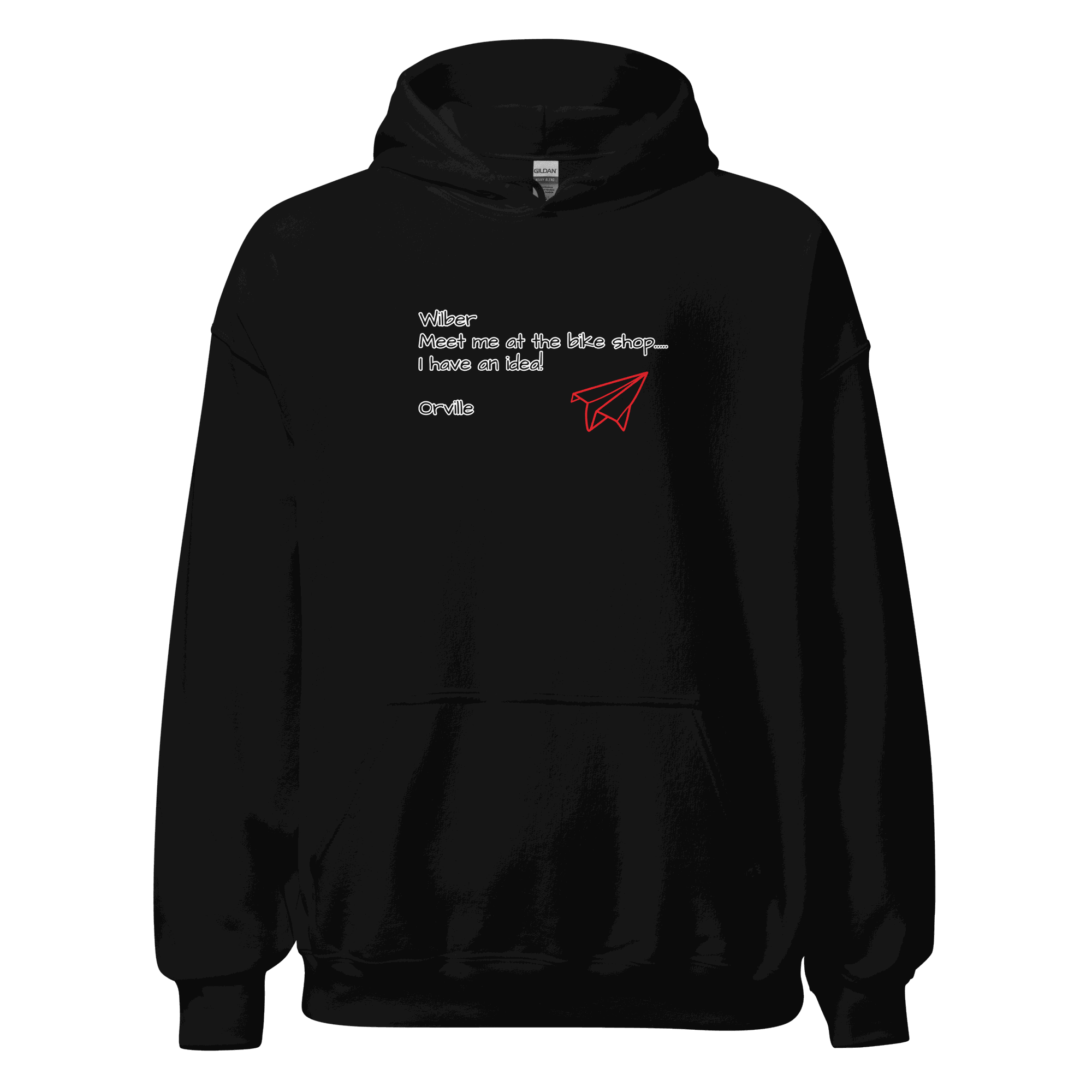 Black Bike Shop Unisex Hoodie with red paper airplane graphic and white text design