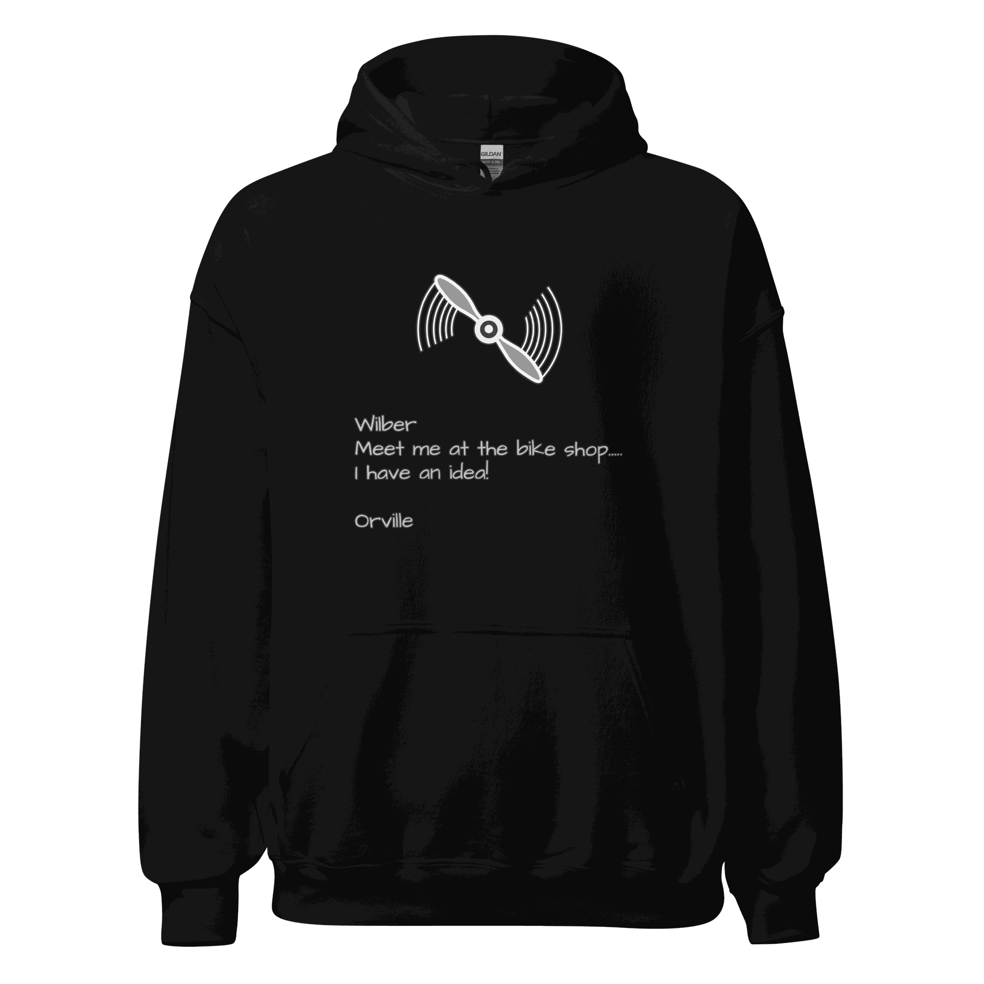 Wilber and Orville Bike Shop Hoodie black with white bike propeller design and text hoodie