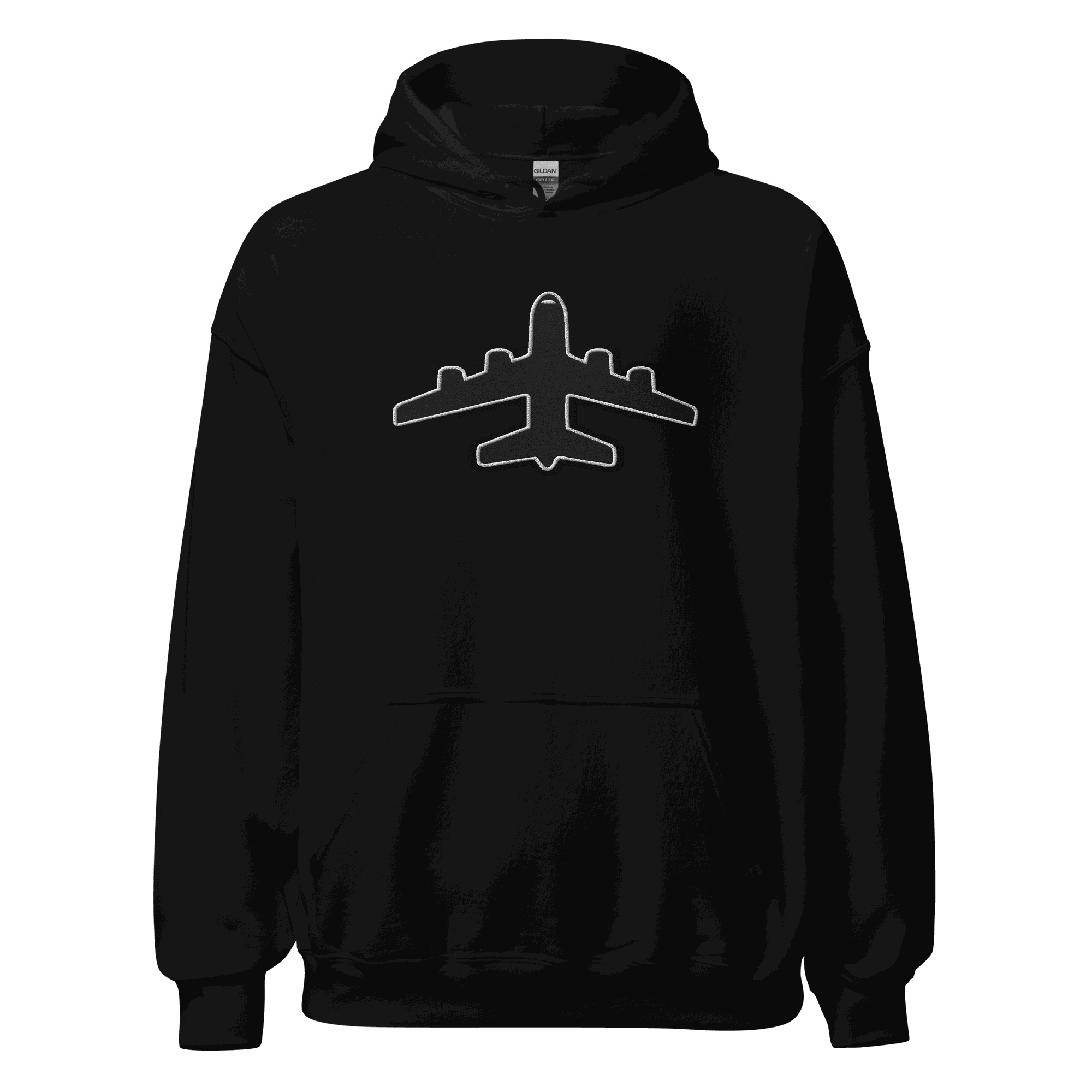 Black Jet pilot hoodie with jumbo jet graphic and front pouch pocket