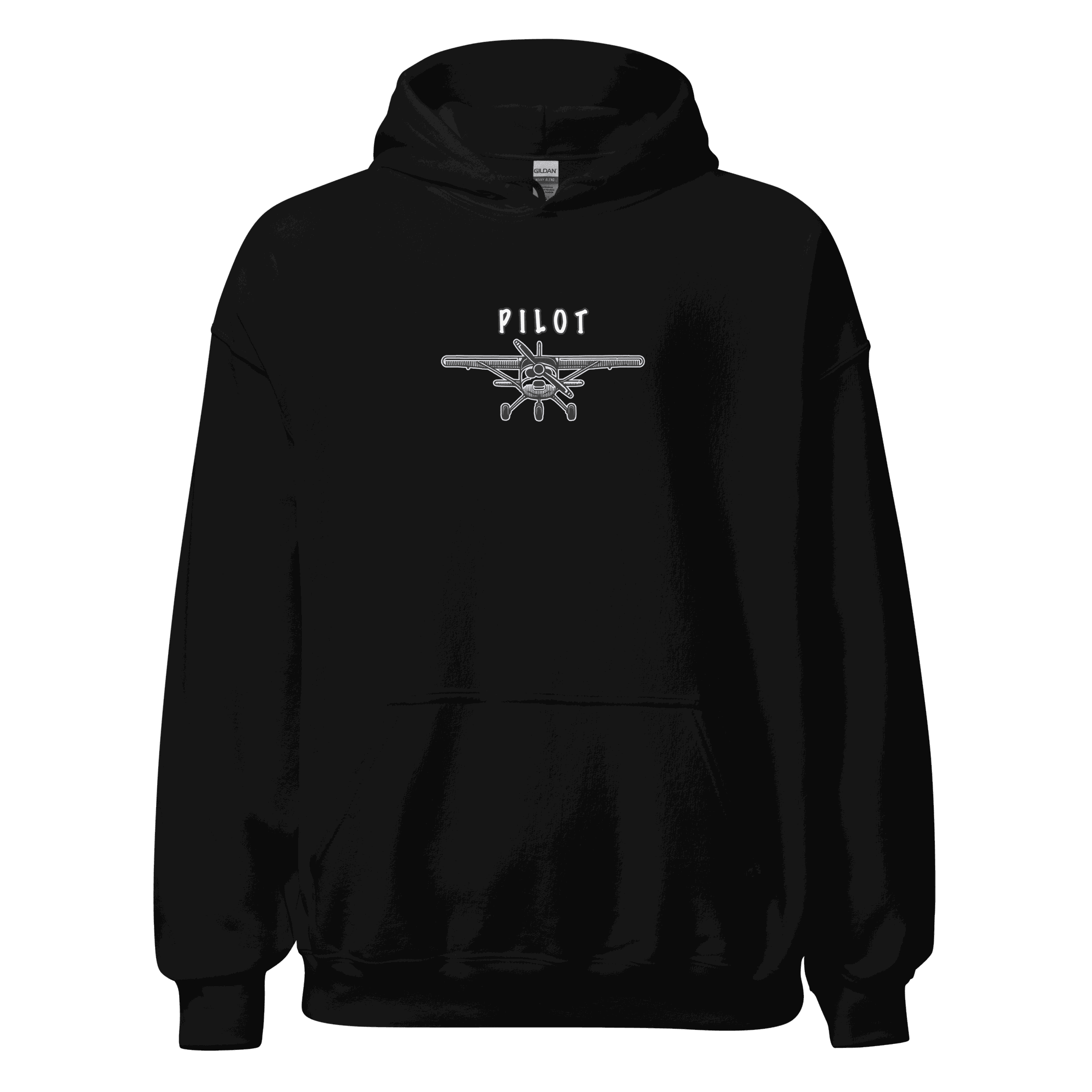 Black Aviation Pilot Unisex Hoodie with airplane graphic and "PILOT" text, cozy and stylish aviation apparel