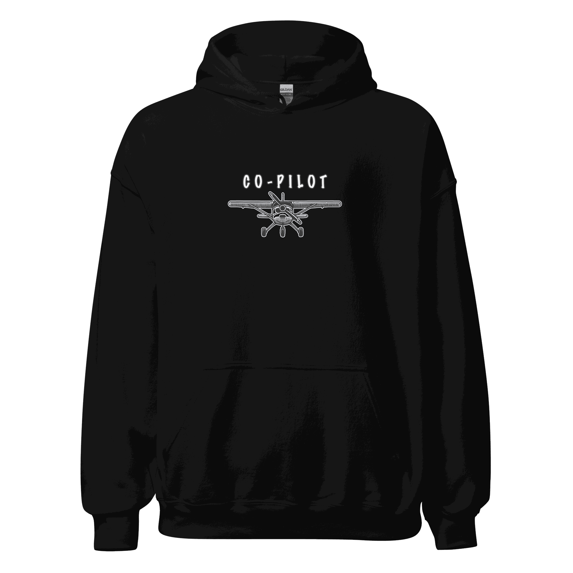 Black Co-Pilot Unisex Hoodie with airplane graphic and kangaroo pocket, stylish and comfortable travel sweatshirt