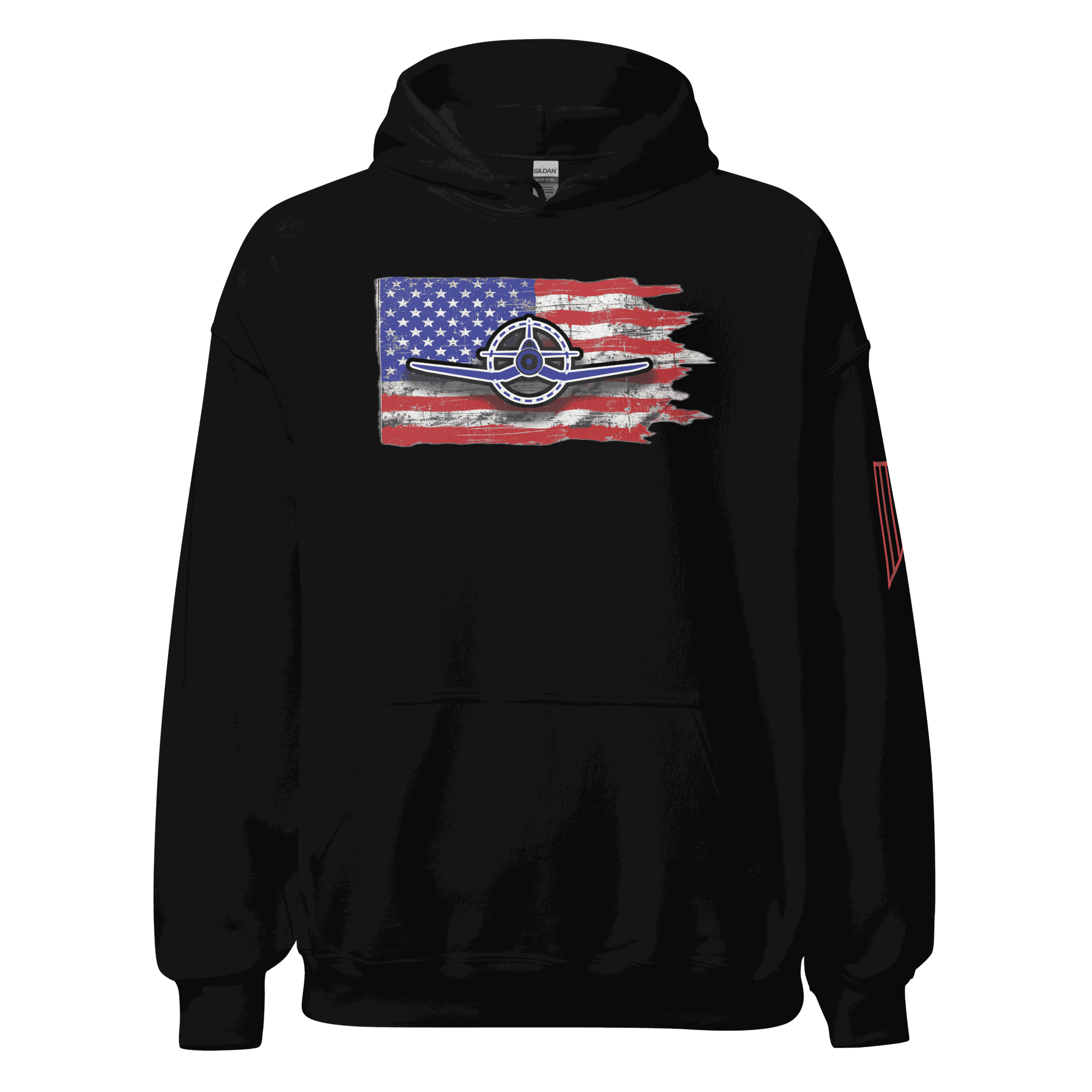 F4U Flag Unisex Hoodie featuring an American flag design, perfect for aviation fans and casual wear.