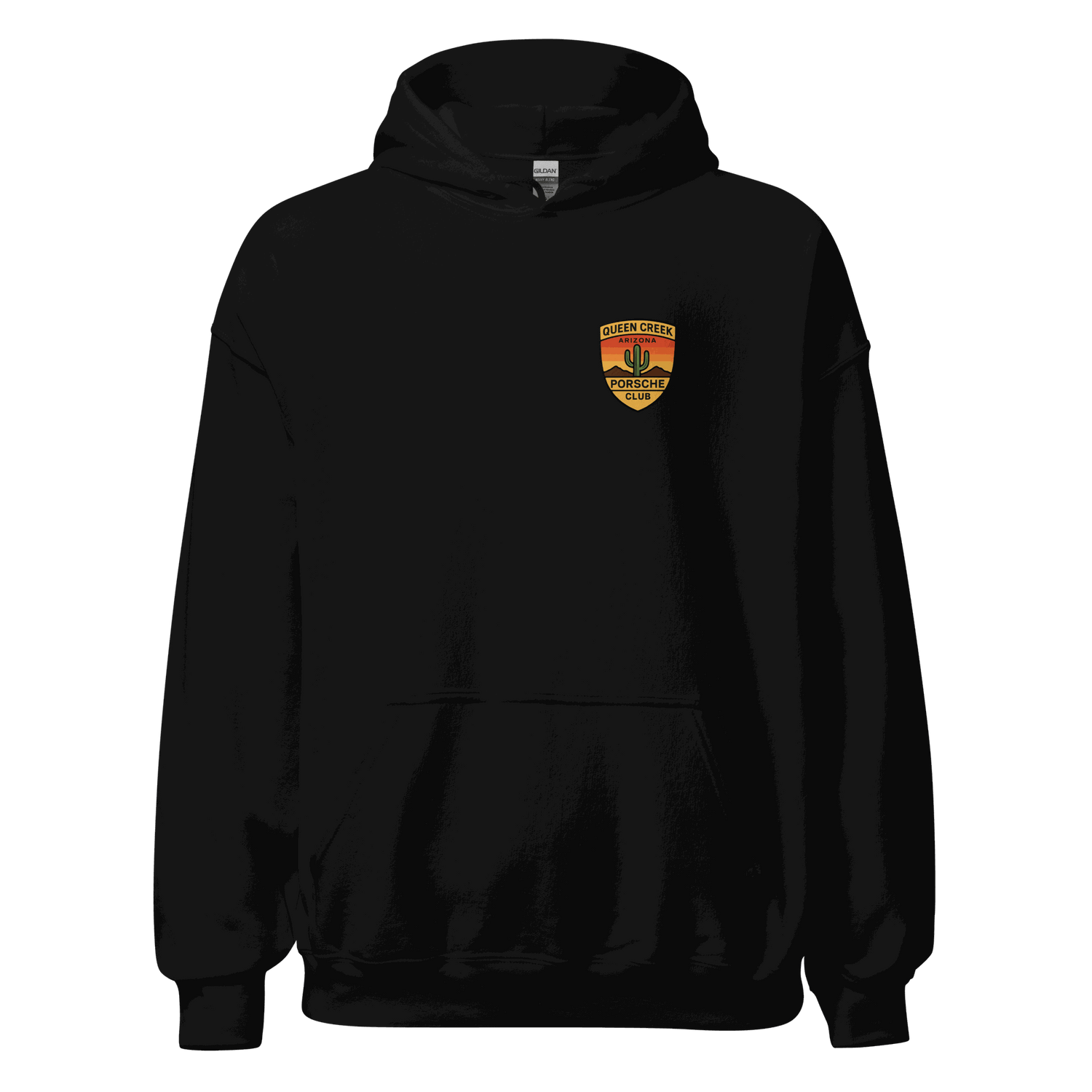 Black Queen Creek PCAR Club unisex hoodie with front pouch pocket and logo patch on chest