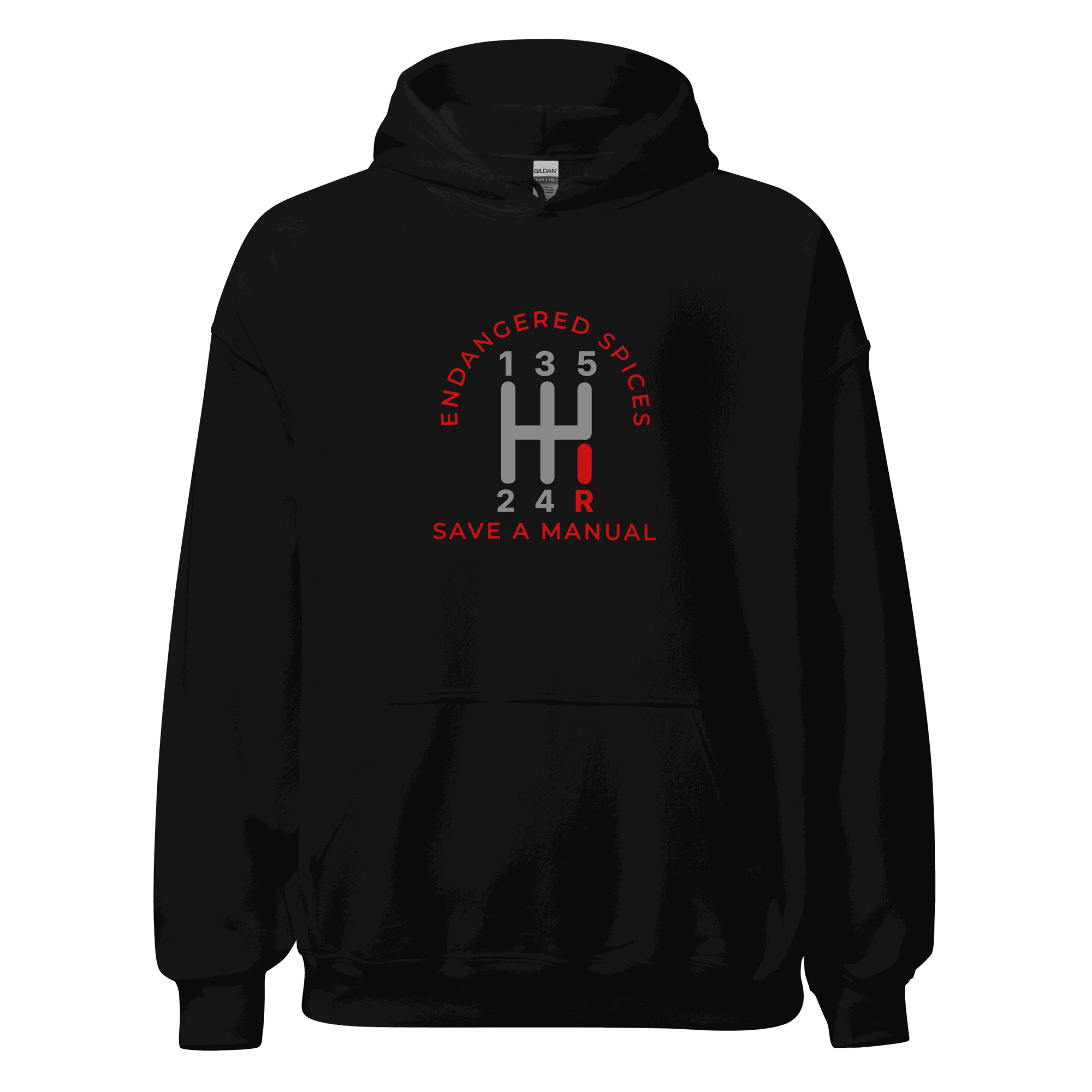 Black automotive hoodie with red and gray manual gear shift graphic and "Endangered Species Save A Manual" text, soft and durable fabric
