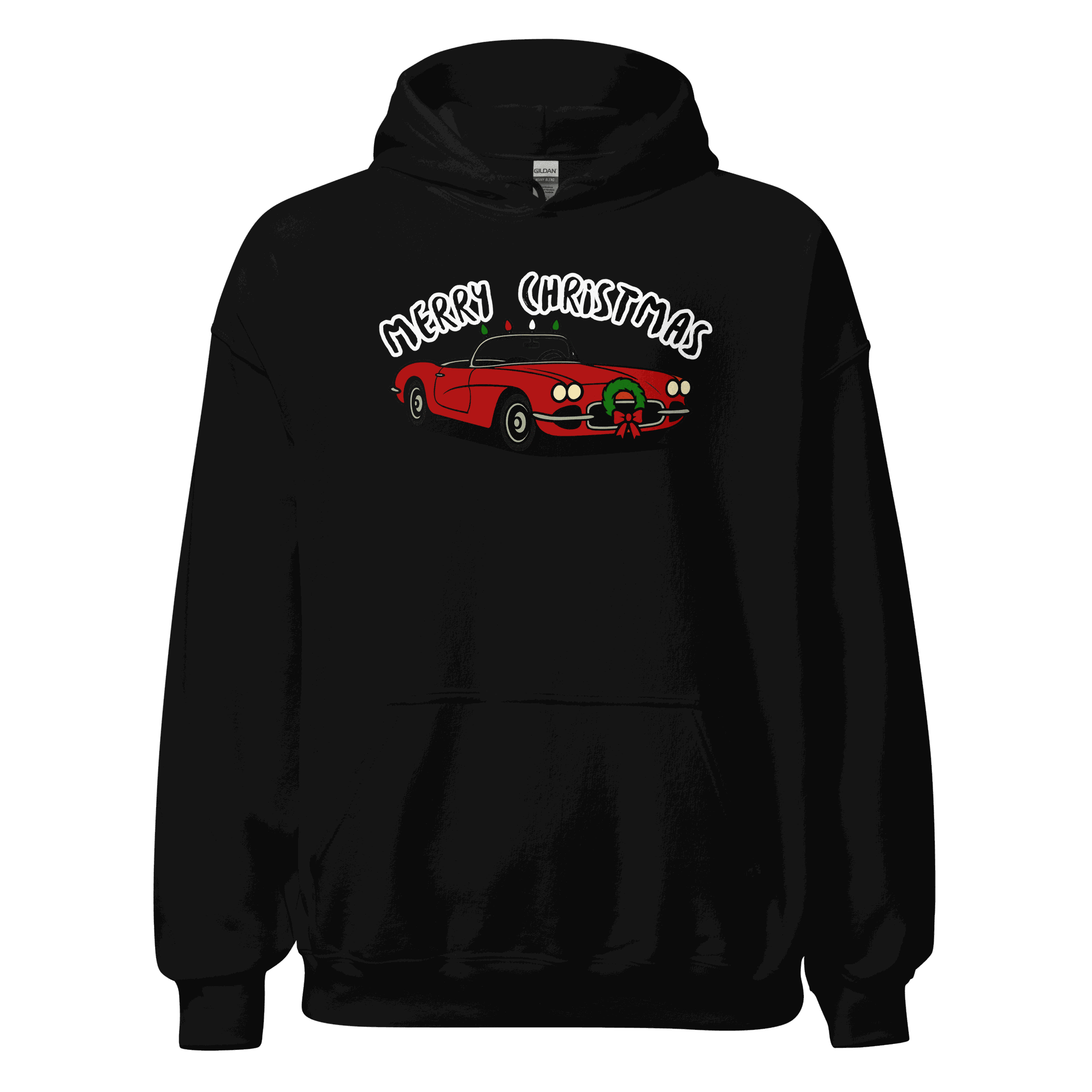 Black Christmas sports car hoodie with festive red car and Merry Christmas text design
